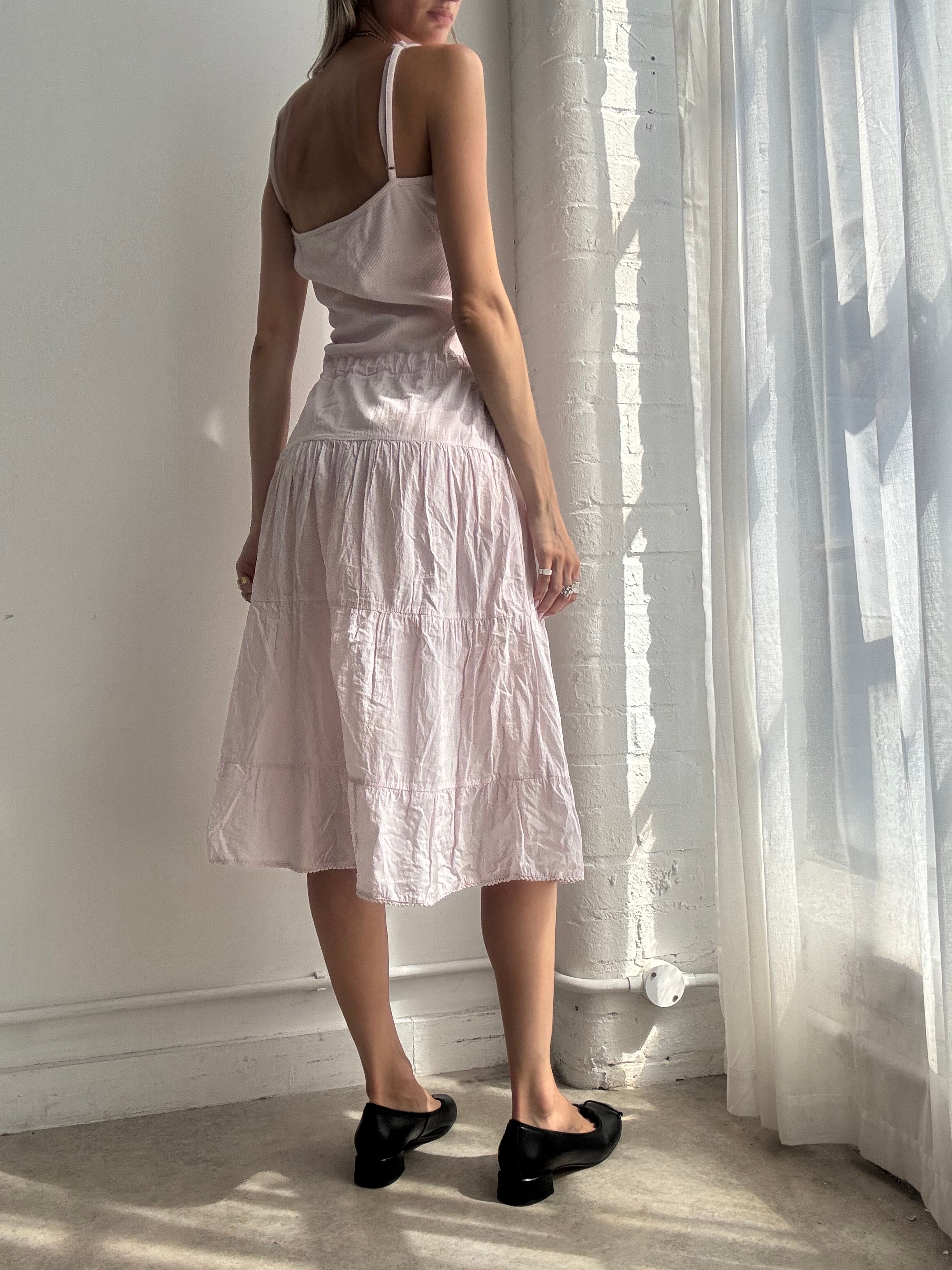Vintage Y2K Baby Pink Beaded Cotton Midi Dress - Size M