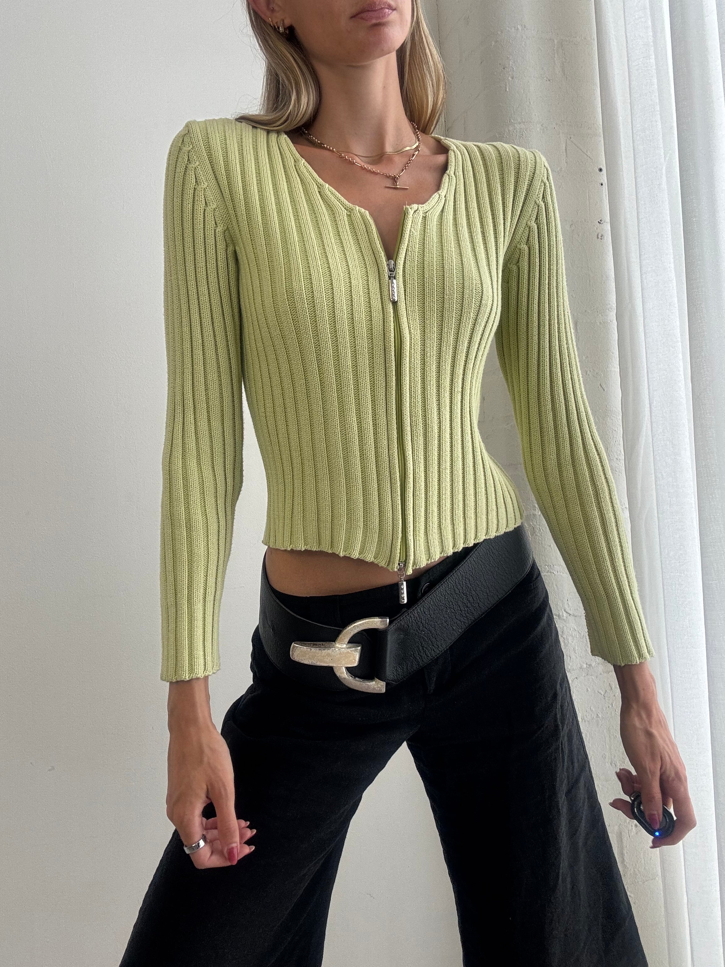 Vintage Y2K Lime Green Ribbed Zip Front Cardigan - Size S/M