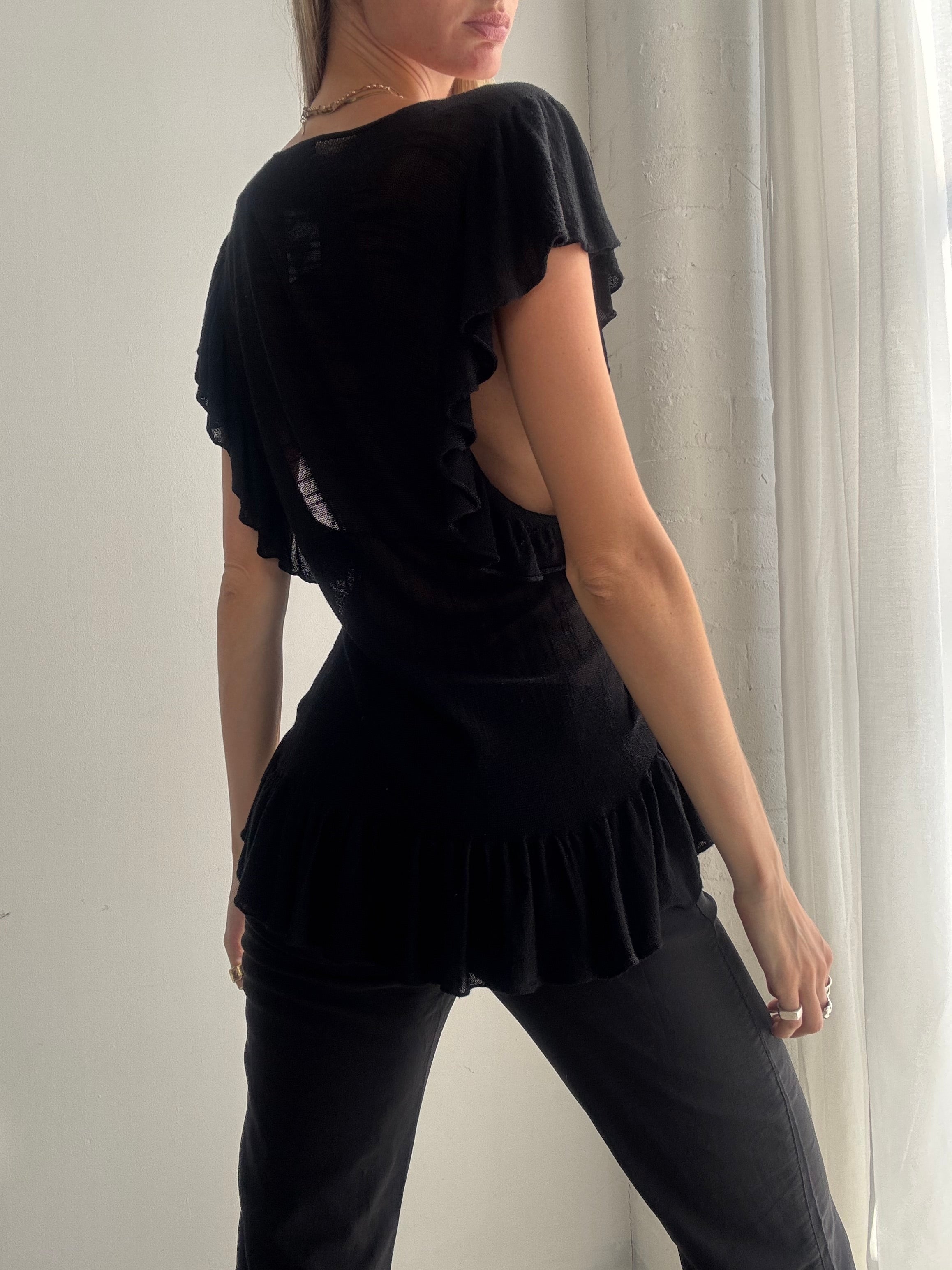 Vintage Y2K Black Tie Front Ruffle Top – Deep Plunge Fairy Blouse - Size S/M