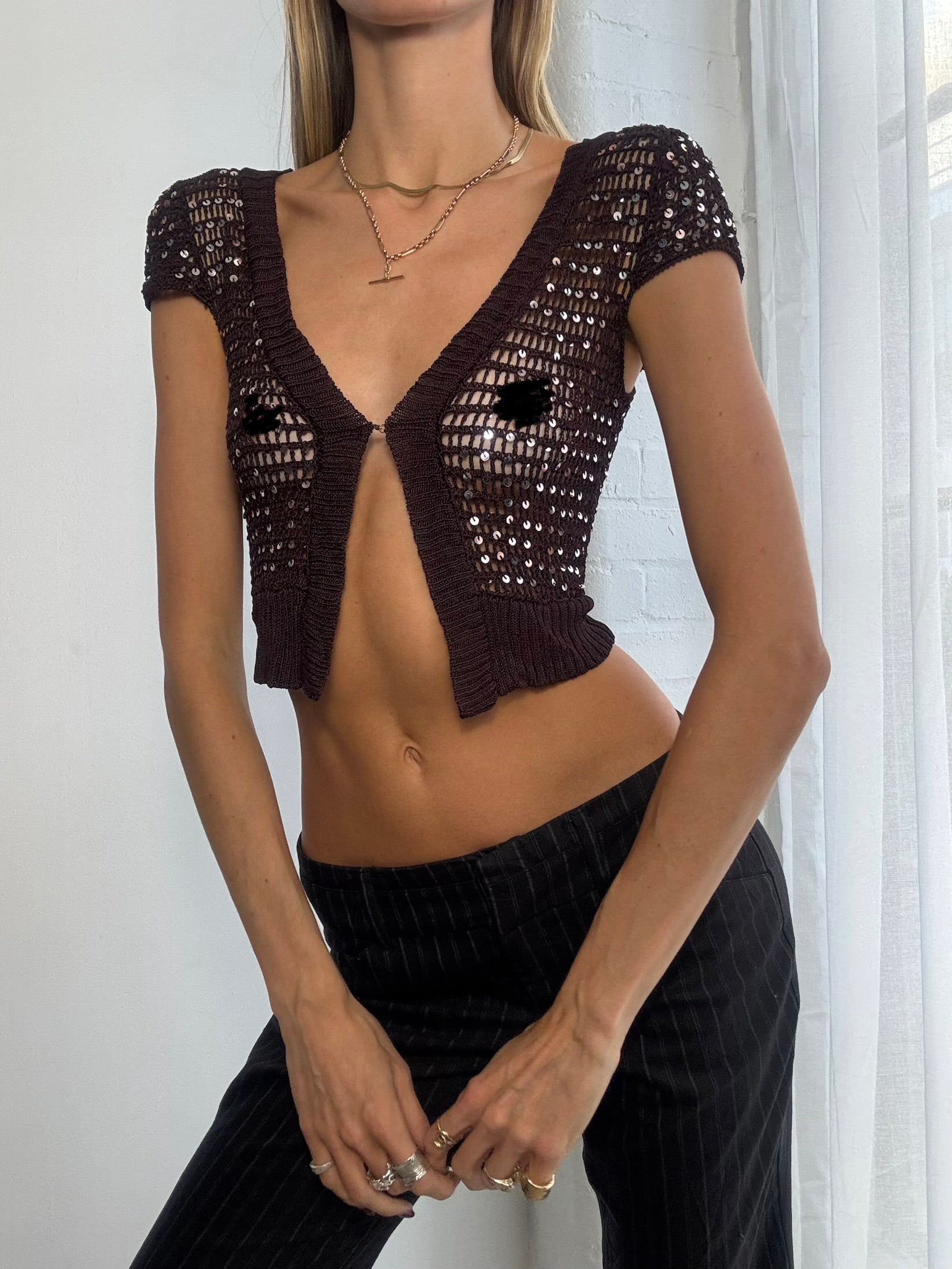 Vintage Y2K brown knitted sequin cardigan