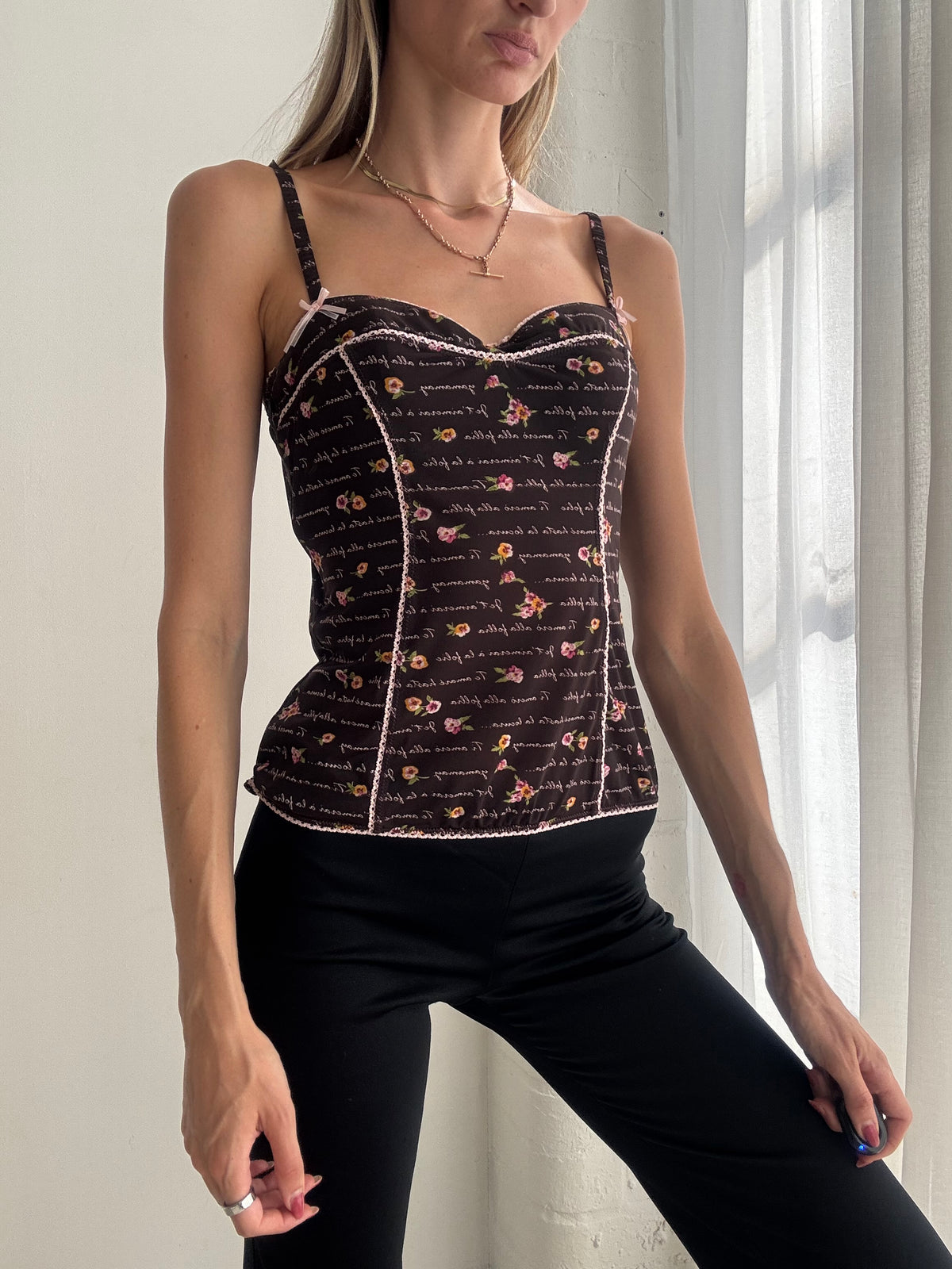 Vintage Y2K Brown Floral Corset Cami Top - Size S
