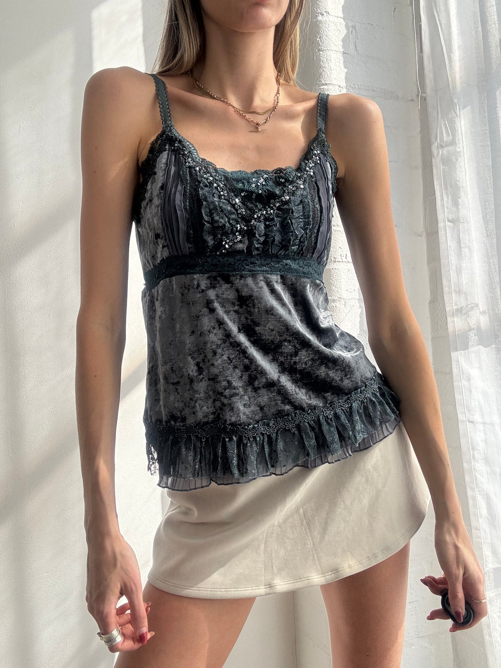 Vintage Y2K midnight blue velvet lace trim beaded cami top