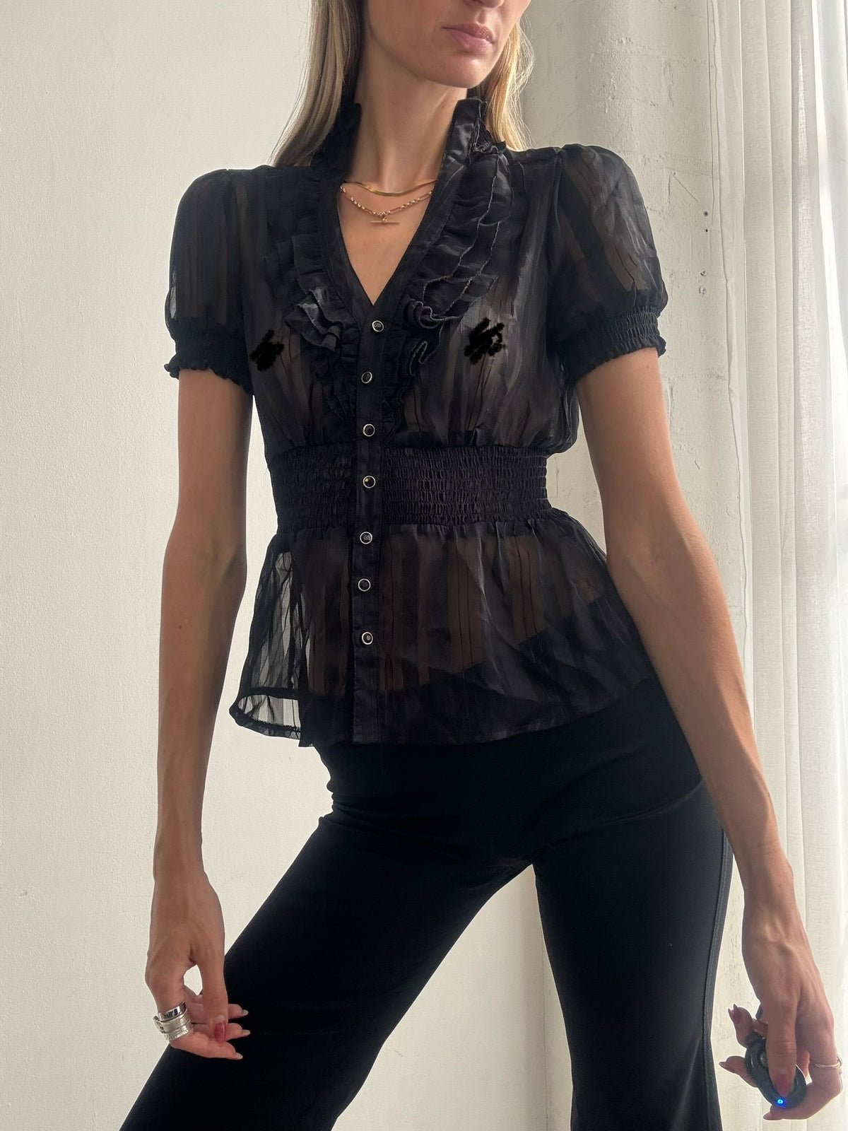 Vintage Y2K Black Sheer Ruffle Blouse - Size S