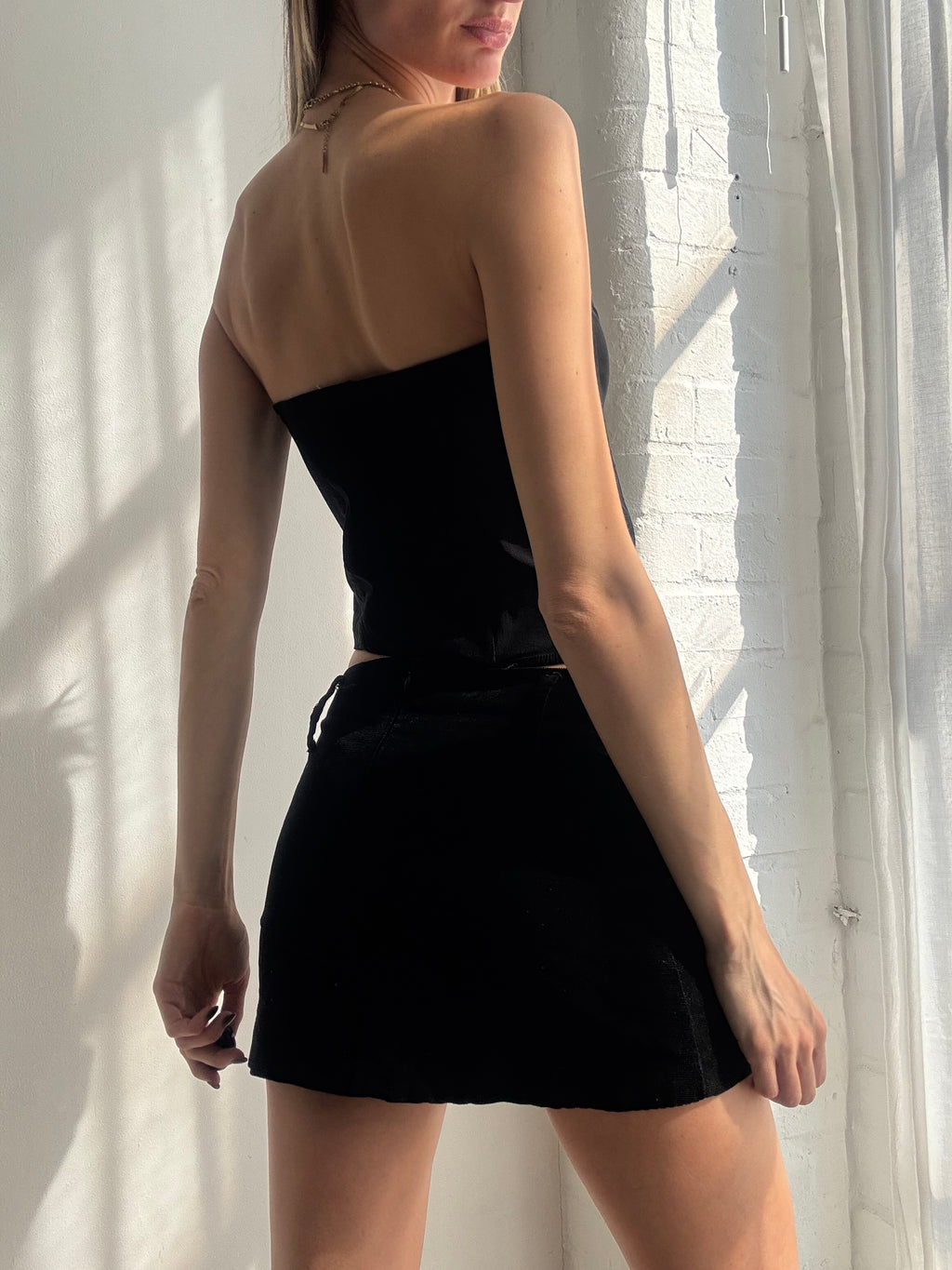 Vintage Y2K black satin lace up corset top - Size S