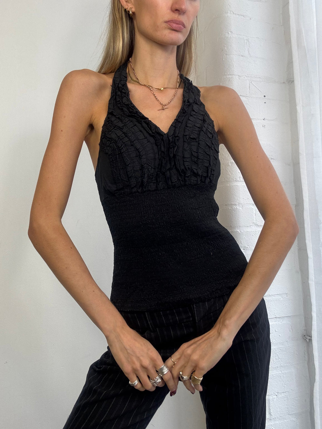 Vintage Y2K shirred ruffle halter neck top black