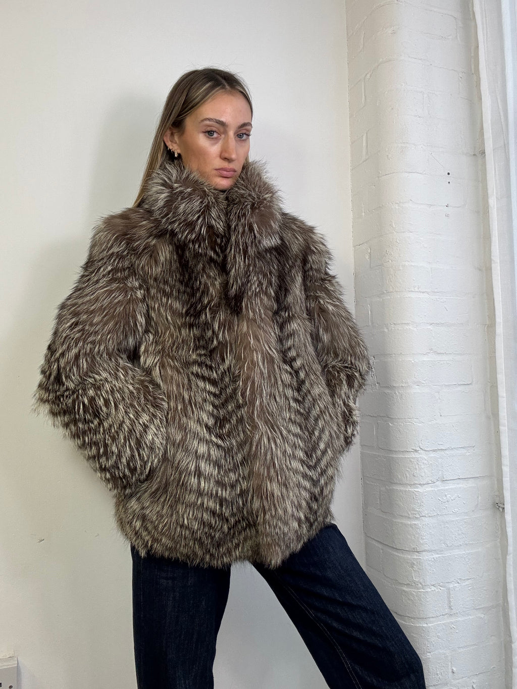 Vintage 90s fox fur coat brown