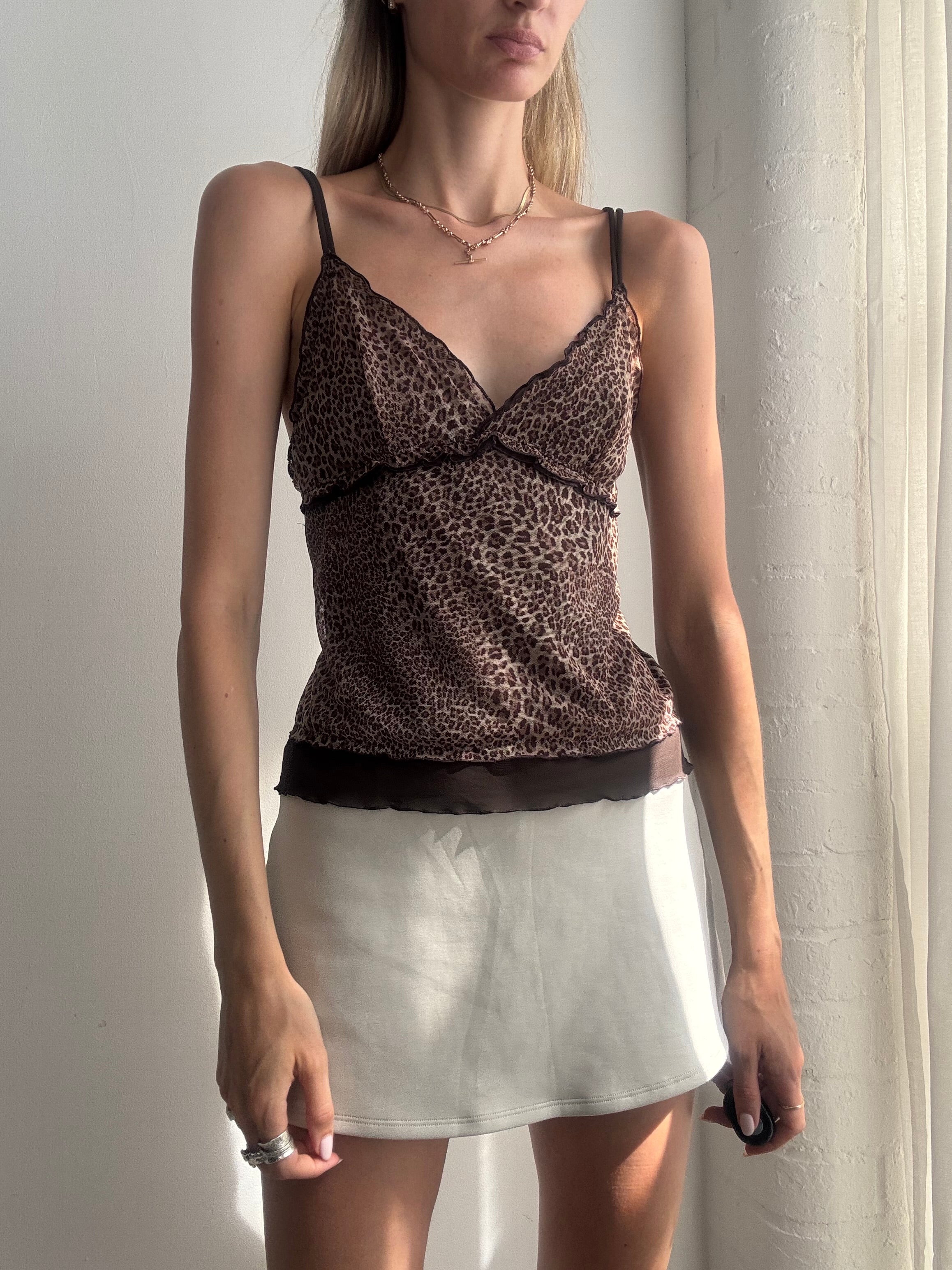 Vintage Y2K Intimissimi Brown Leopard Print Mesh Cami Top - Size S/M