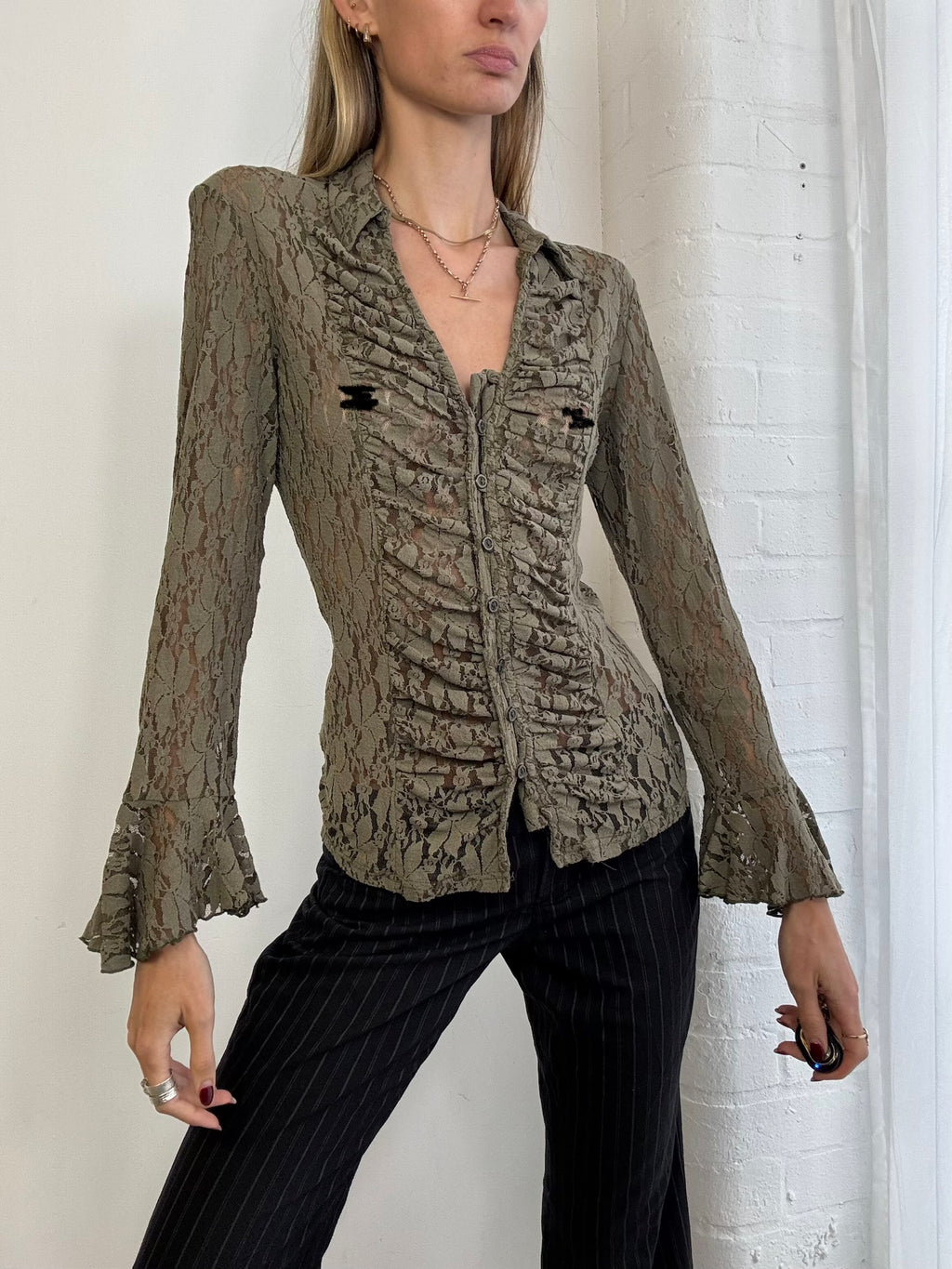 Vintage 90s khaki green ruched lace shirt