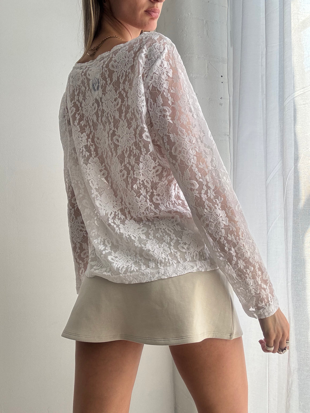 Vintage Y2K sheer white lace long sleeve top - Size L