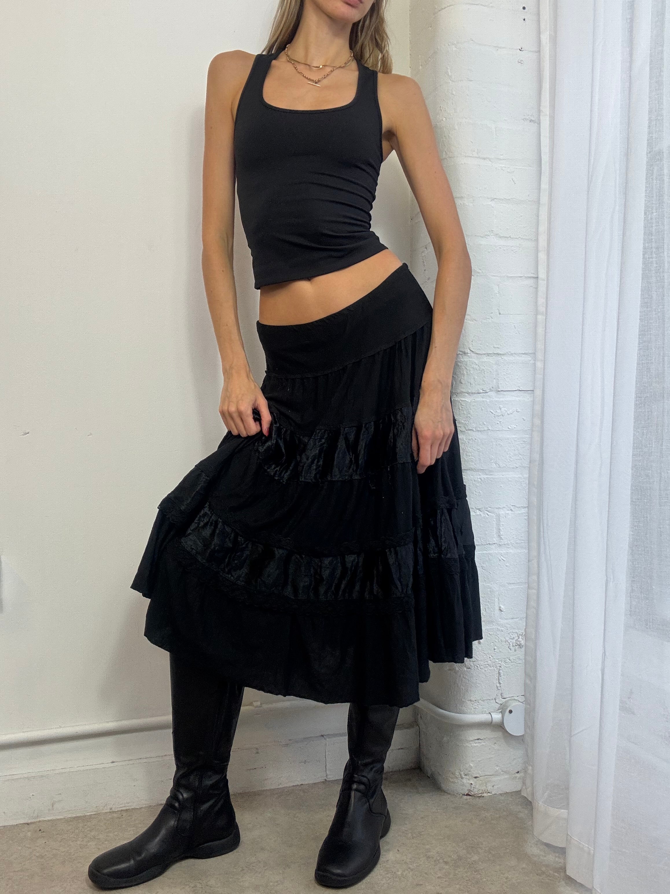 Vintage Y2K black tiered midi skirt