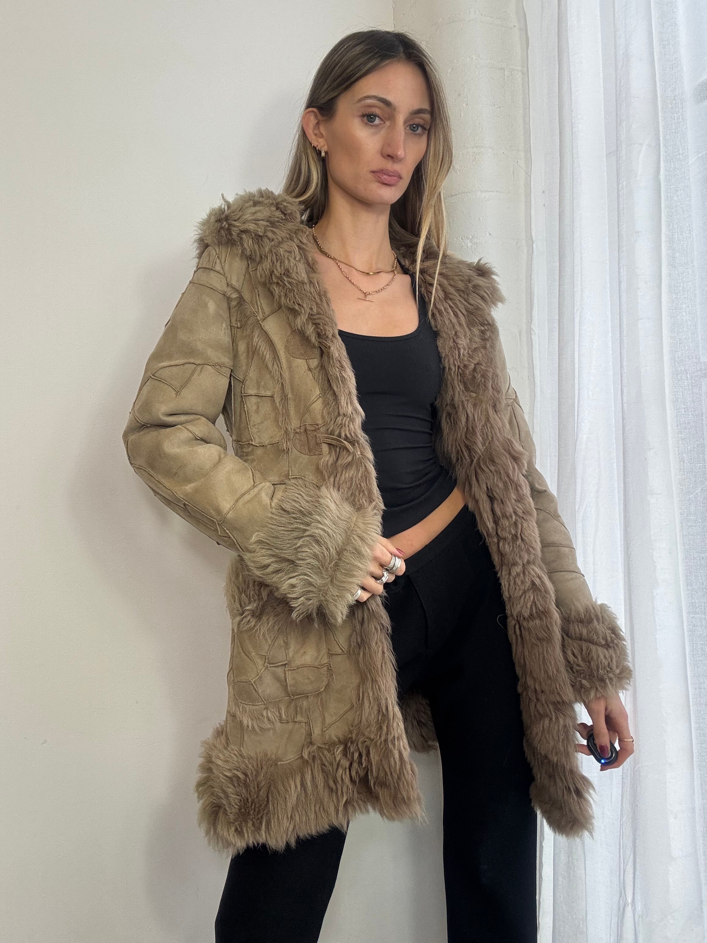 Vintage Y2K patchwork suede sheepskin hooded coat