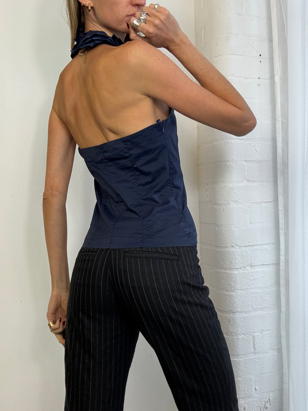 Vintage 90s navy blue ruffle halter top