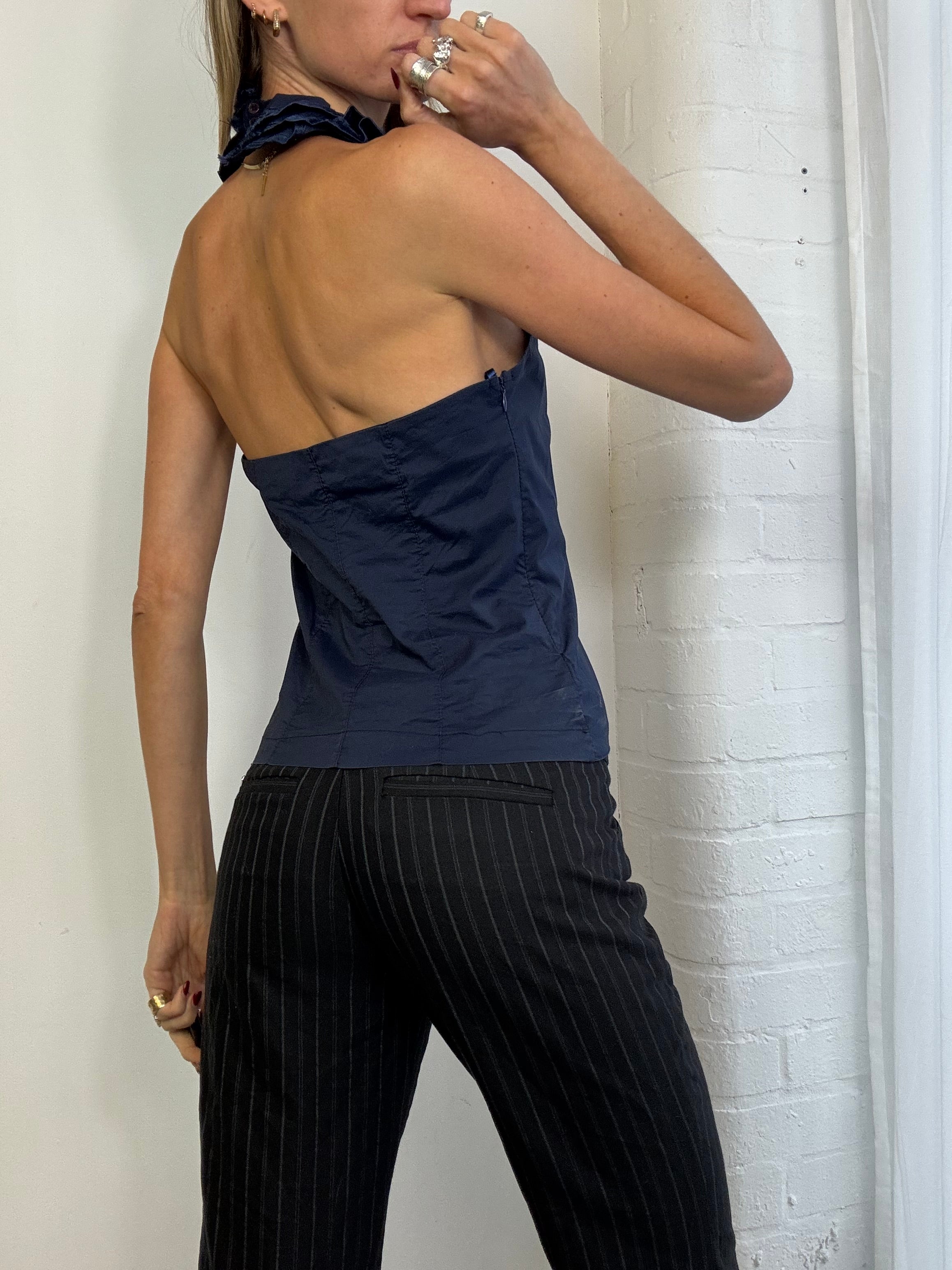 Vintage 90s navy blue ruffle halter top