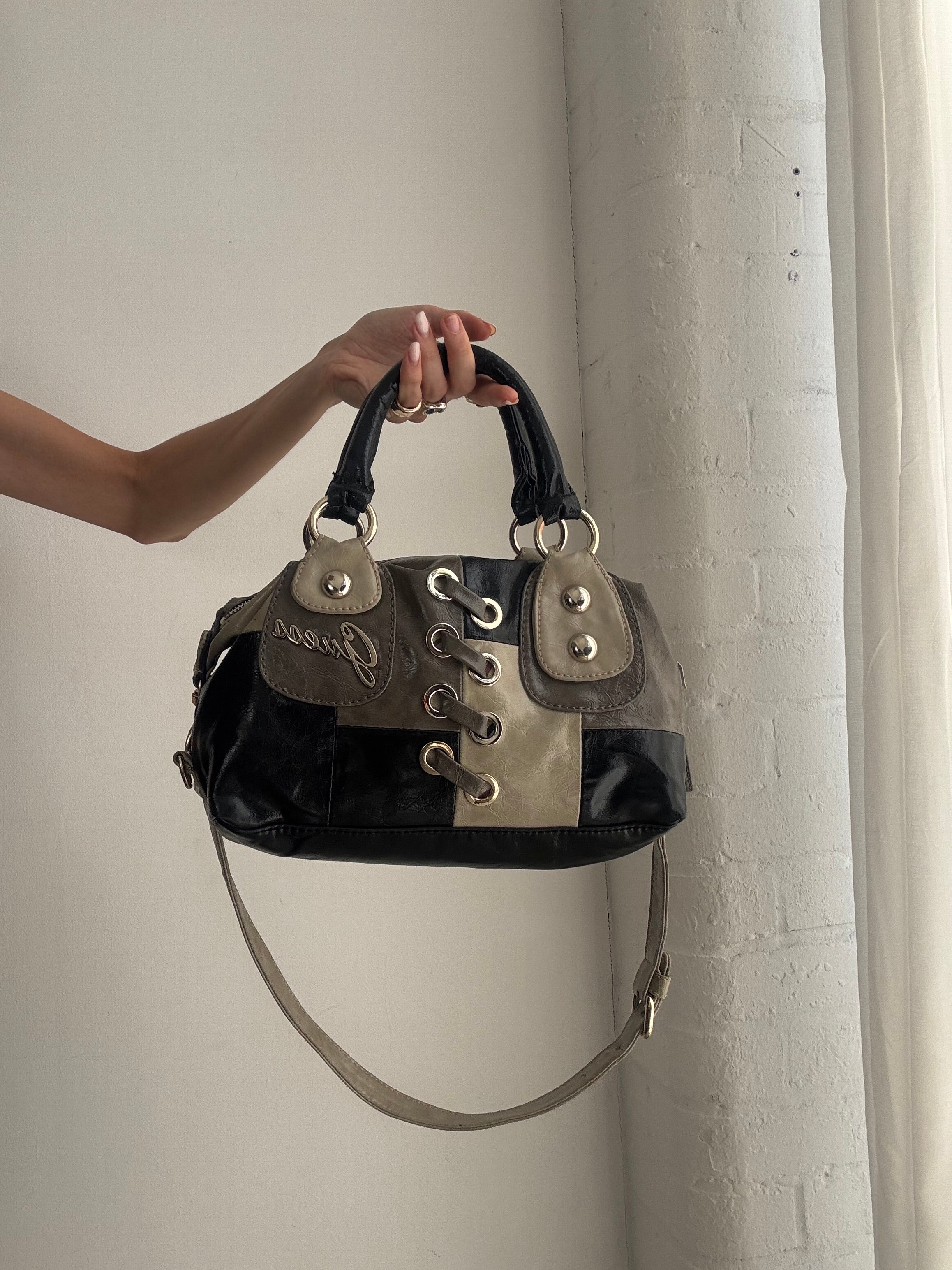 Vintage Y2K Guess Leather Shoulder Bag – Black & Cream Lace-Up Satchel with Crossbody Strap