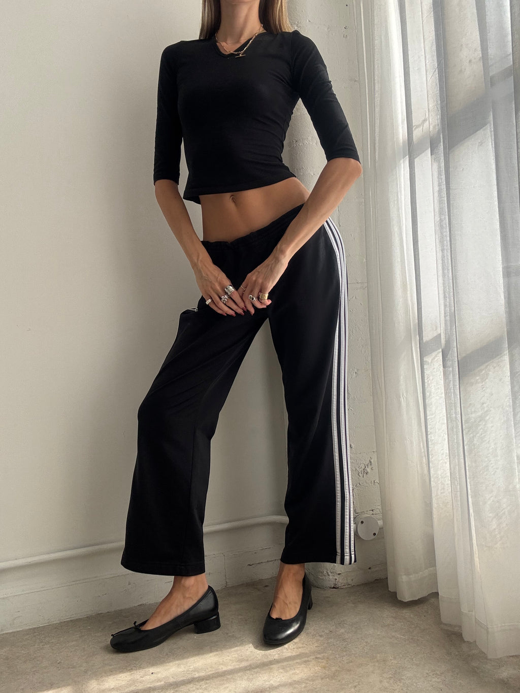 Vintage Y2K Adidas Black Three Stripe Cropped Trousers - Size M