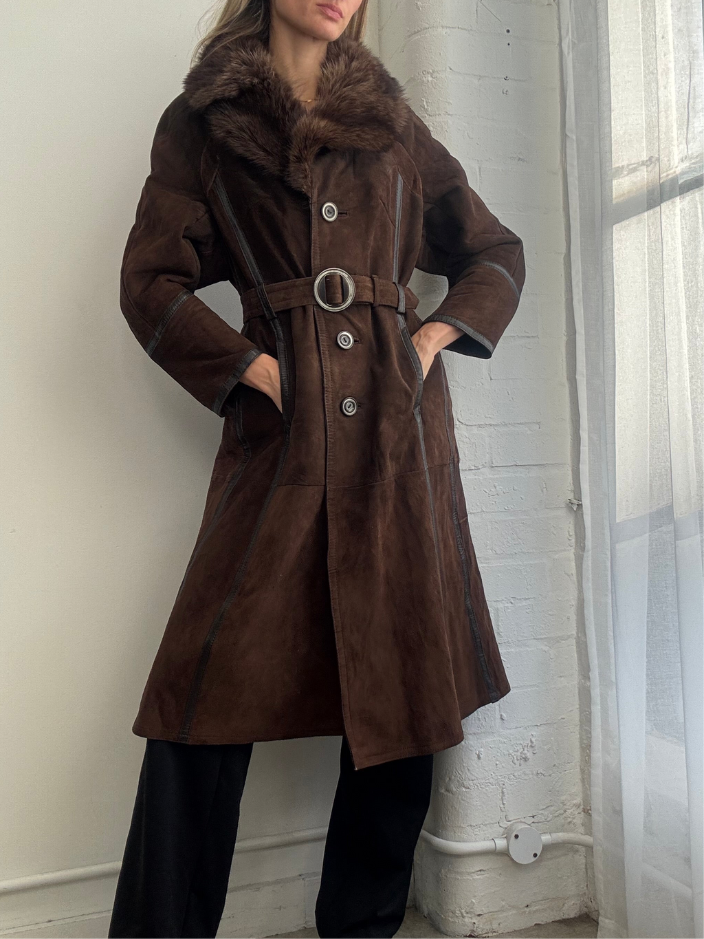 Vintage 90s brown suede sheepskin coat belted