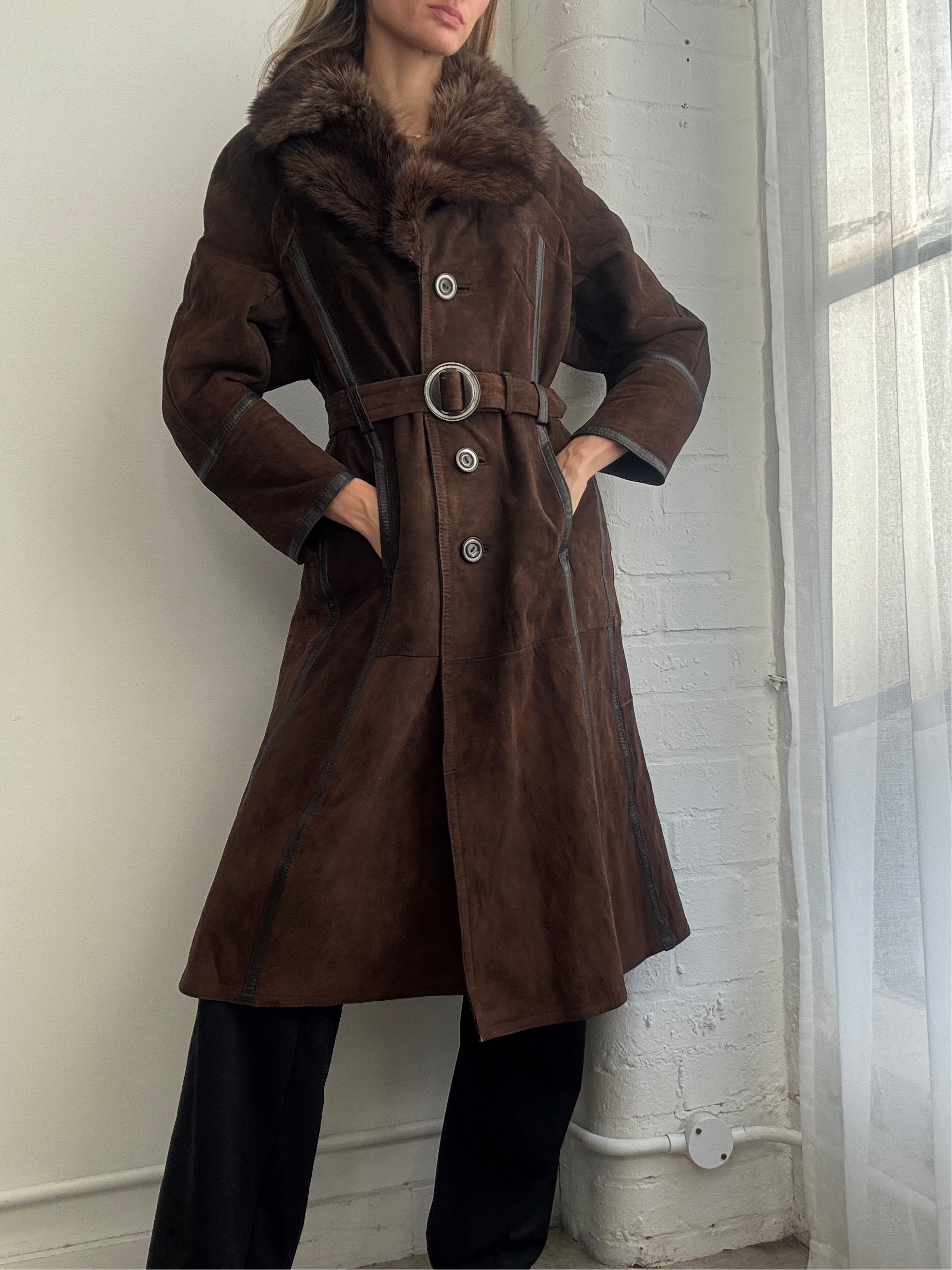 Vintage 90s brown suede sheepskin coat belted
