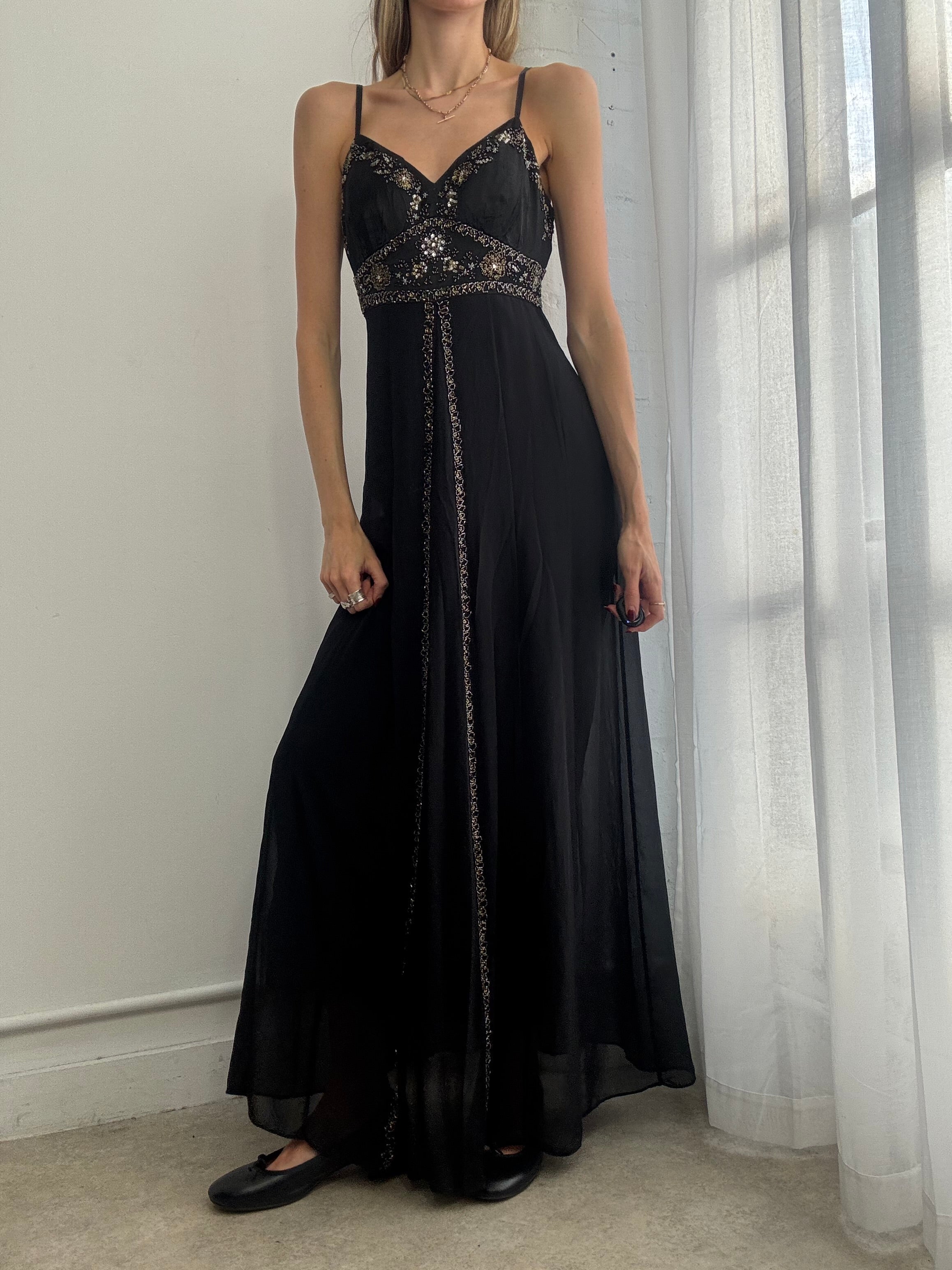 Vintage Y2K beaded black mesh slip dress