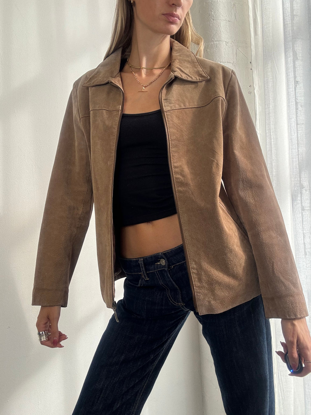 Vintage Y2K Tan Brown Suede Zip Up Jacket - Size M