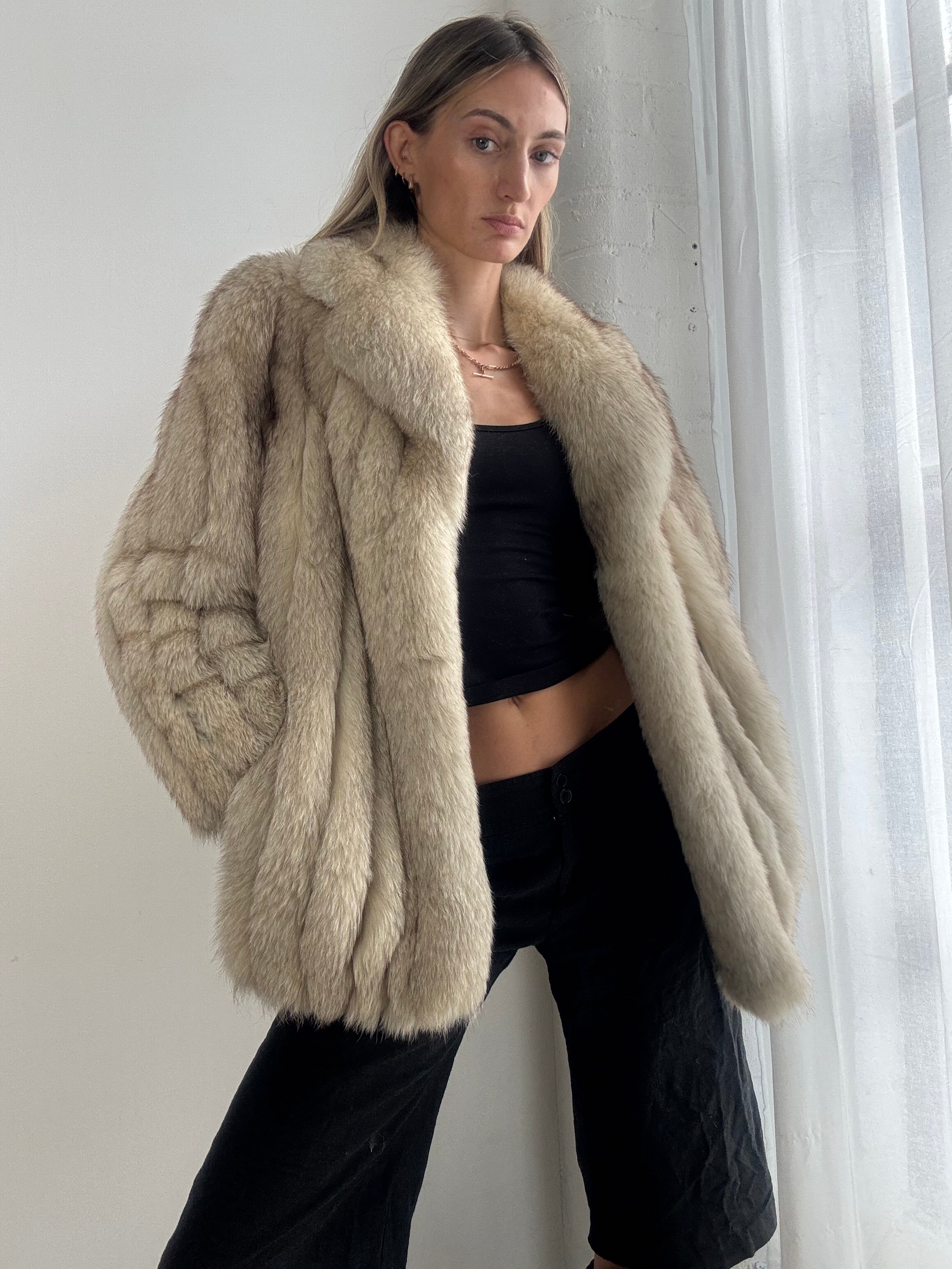 Vintage 90s Cream Fox Fur Oversized Jacket - Size XS
