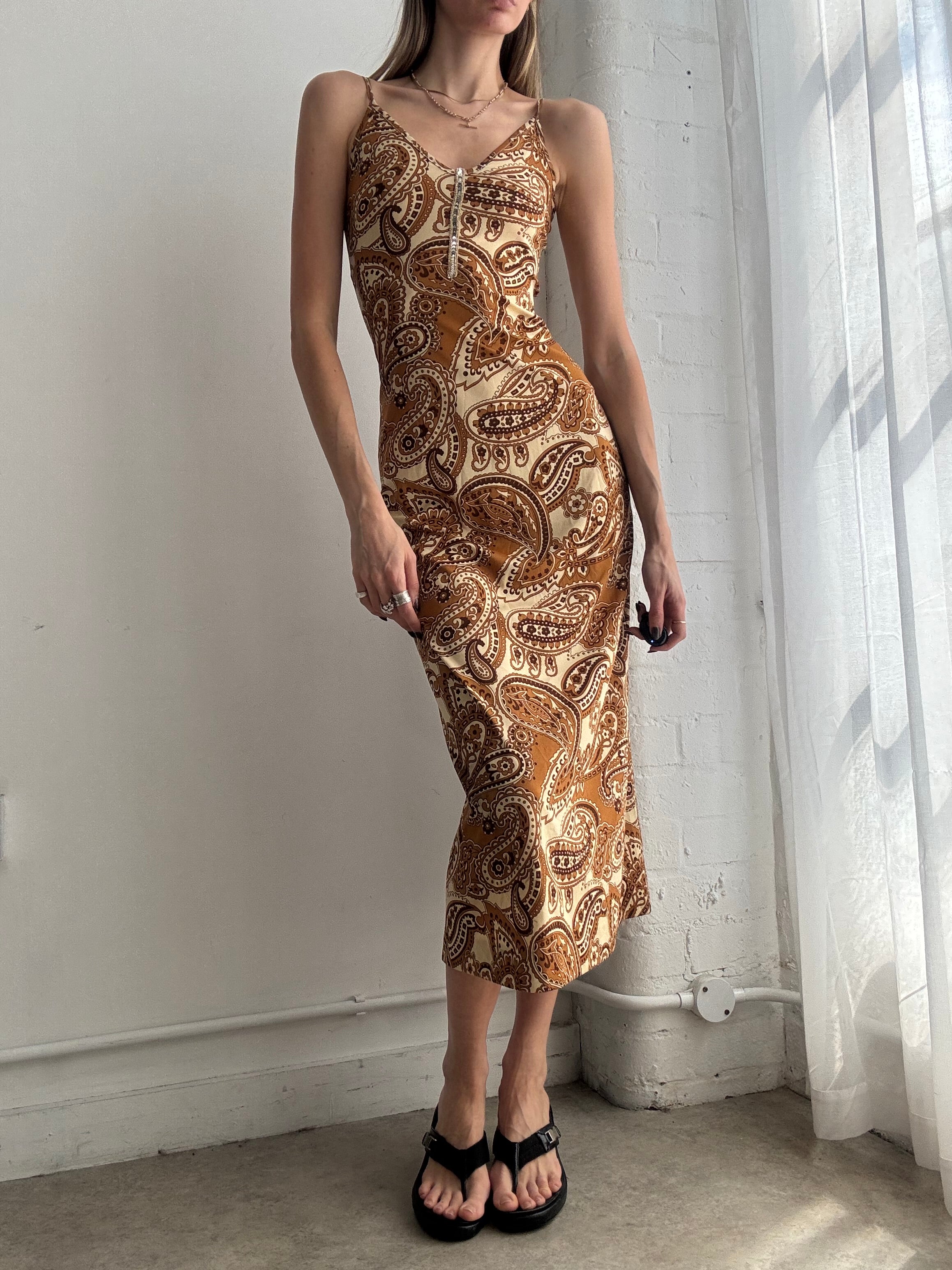 Vintage y2k paisley print slip midi dress