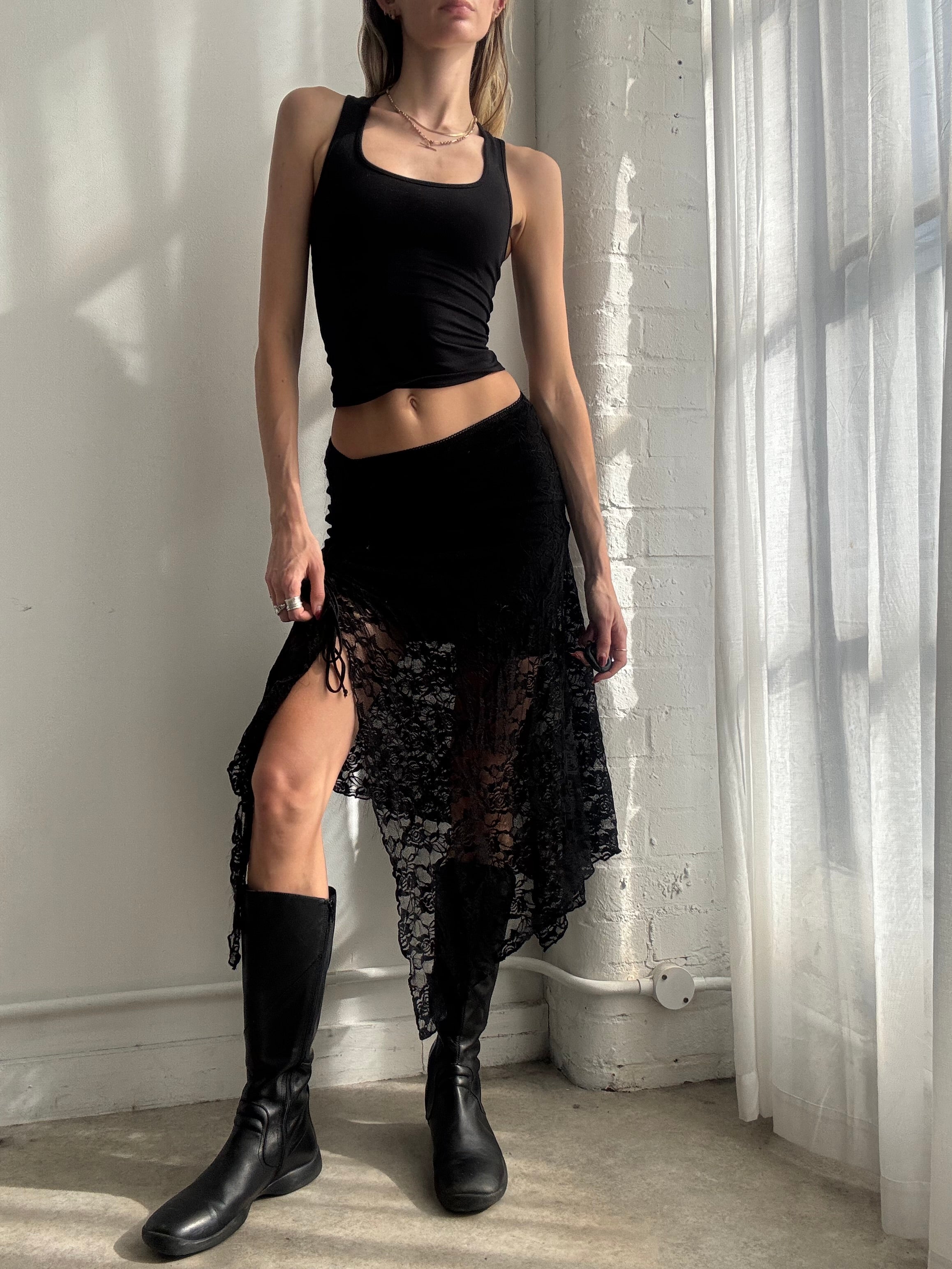 Vintage Y2K black lace asymmetric midi skirt