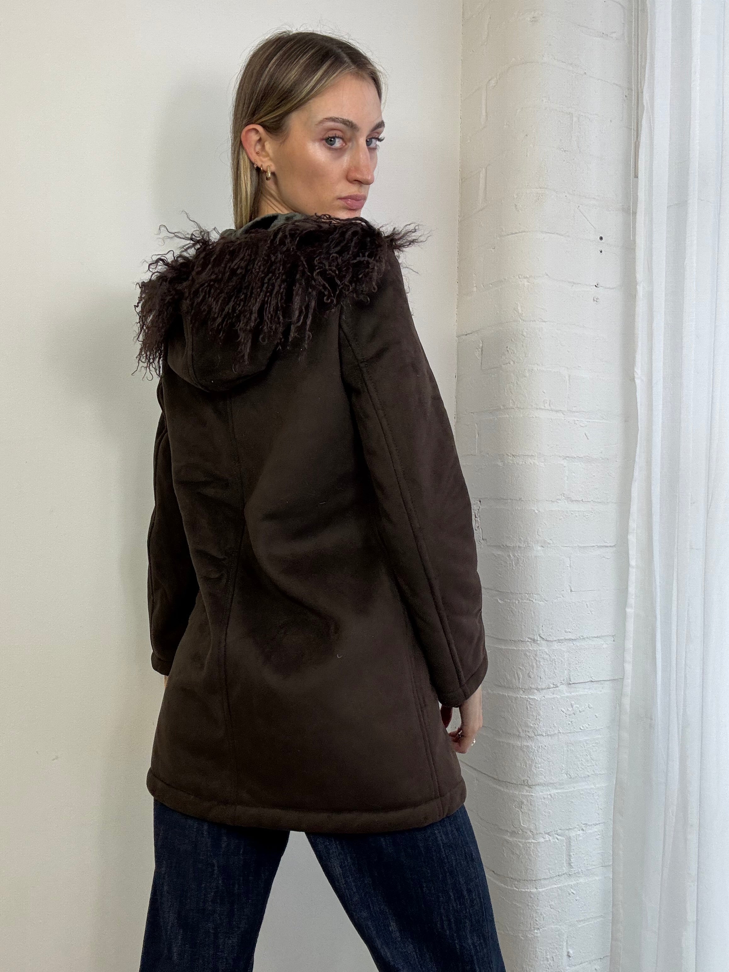 Vintage Y2K brown faux suede hooded coat with Mongolian fur trim