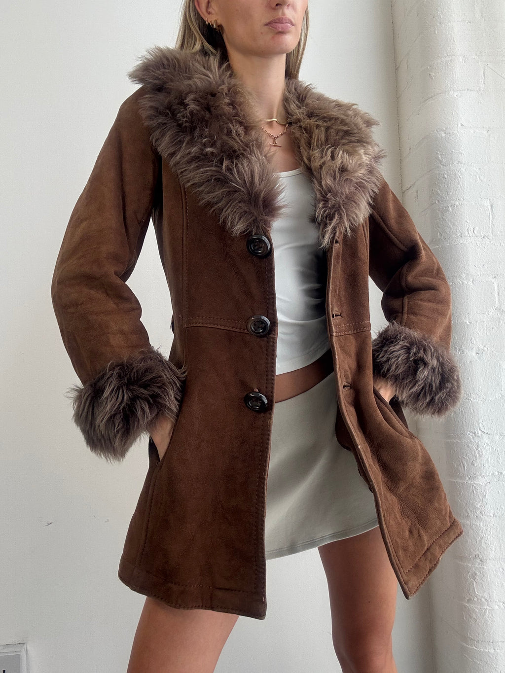 Vintage Y2K Brown Suede Fur Trim Afghan Coat - Size S