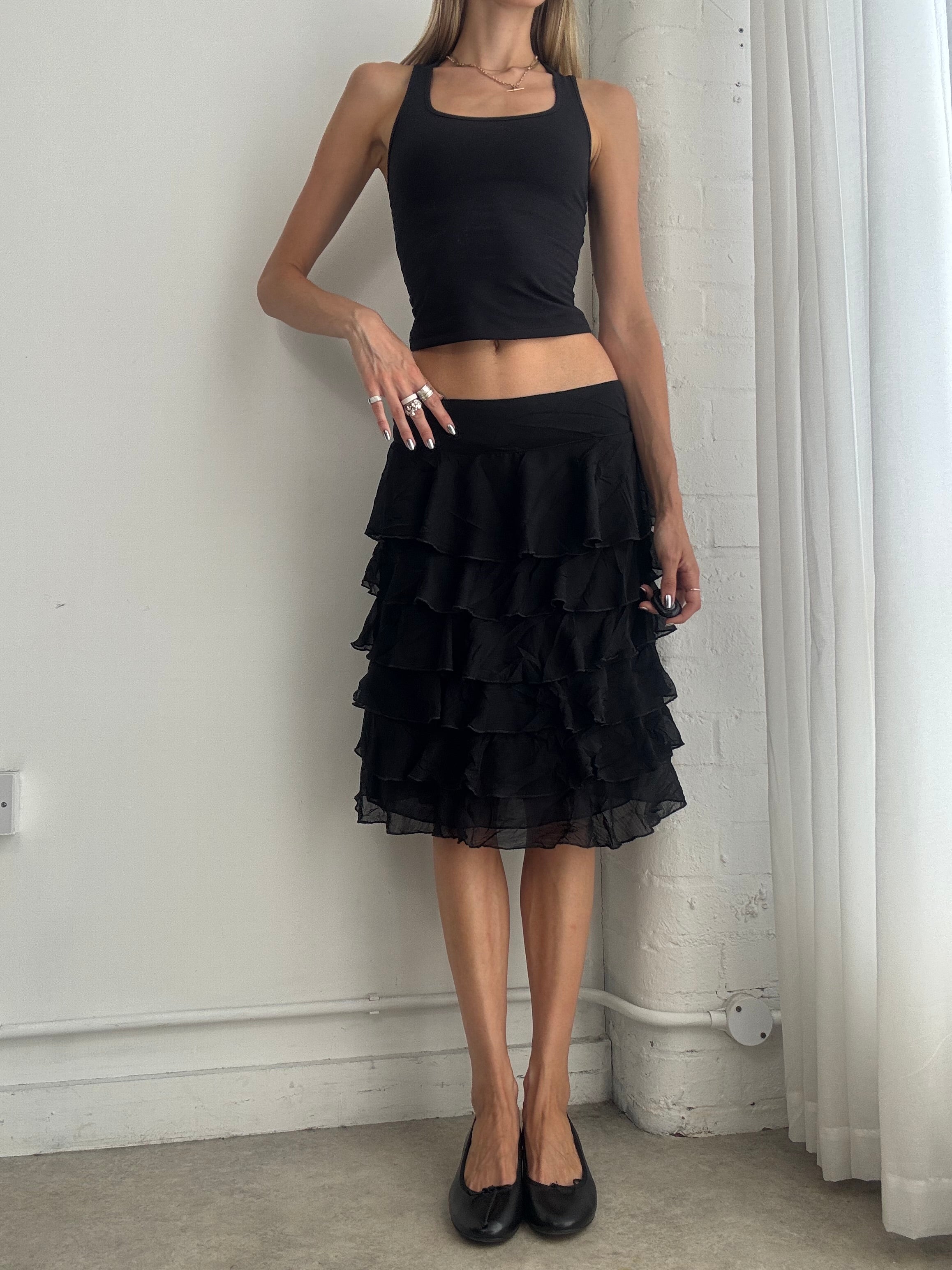 Vintage Y2K Black Tiered Ruffle Midi Skirt – Boho Mesh Layered Skirt - Size S/M