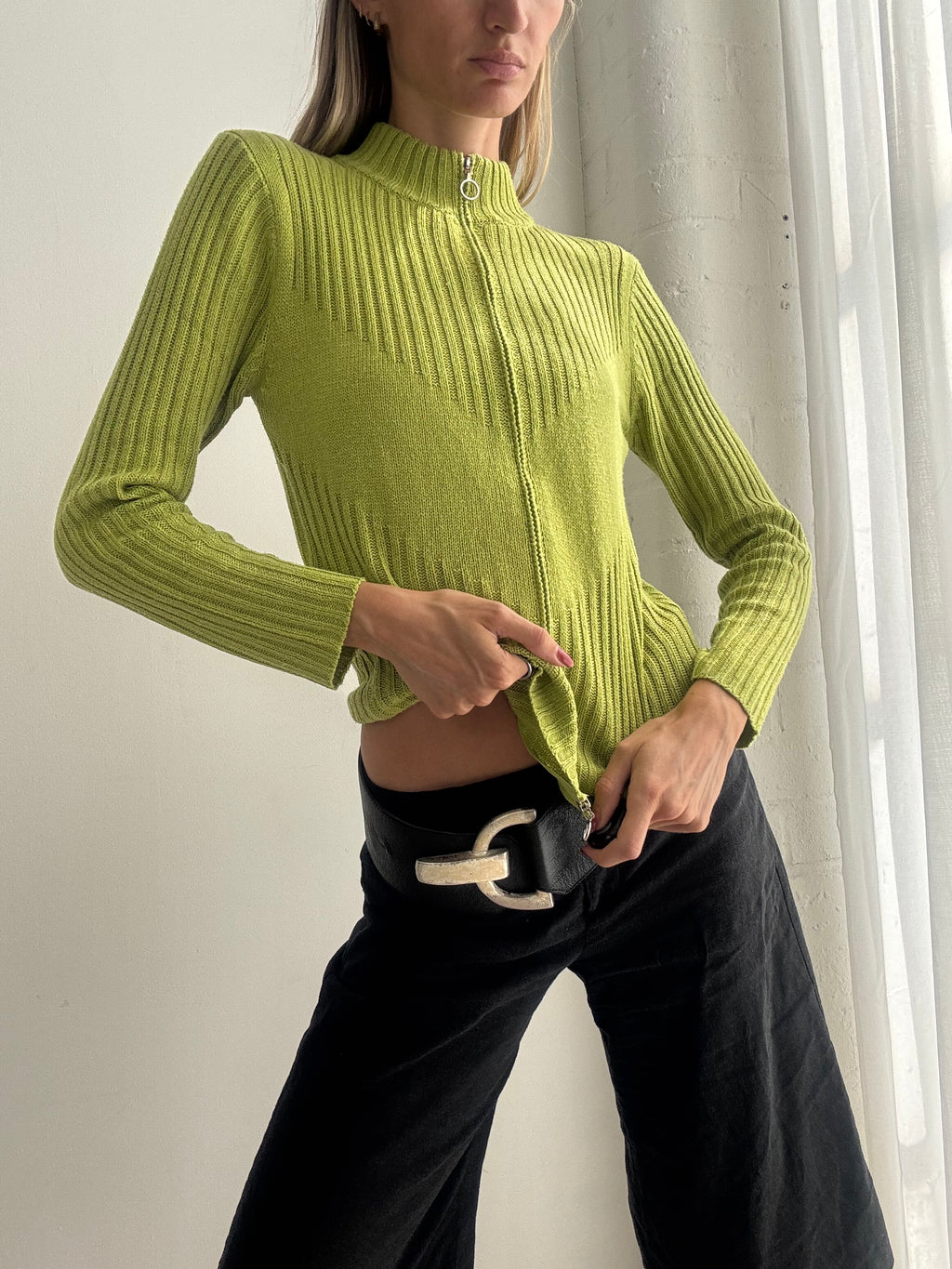 Vintage Y2K Lime Green Ribbed Knit Cardigan - Size S/M
