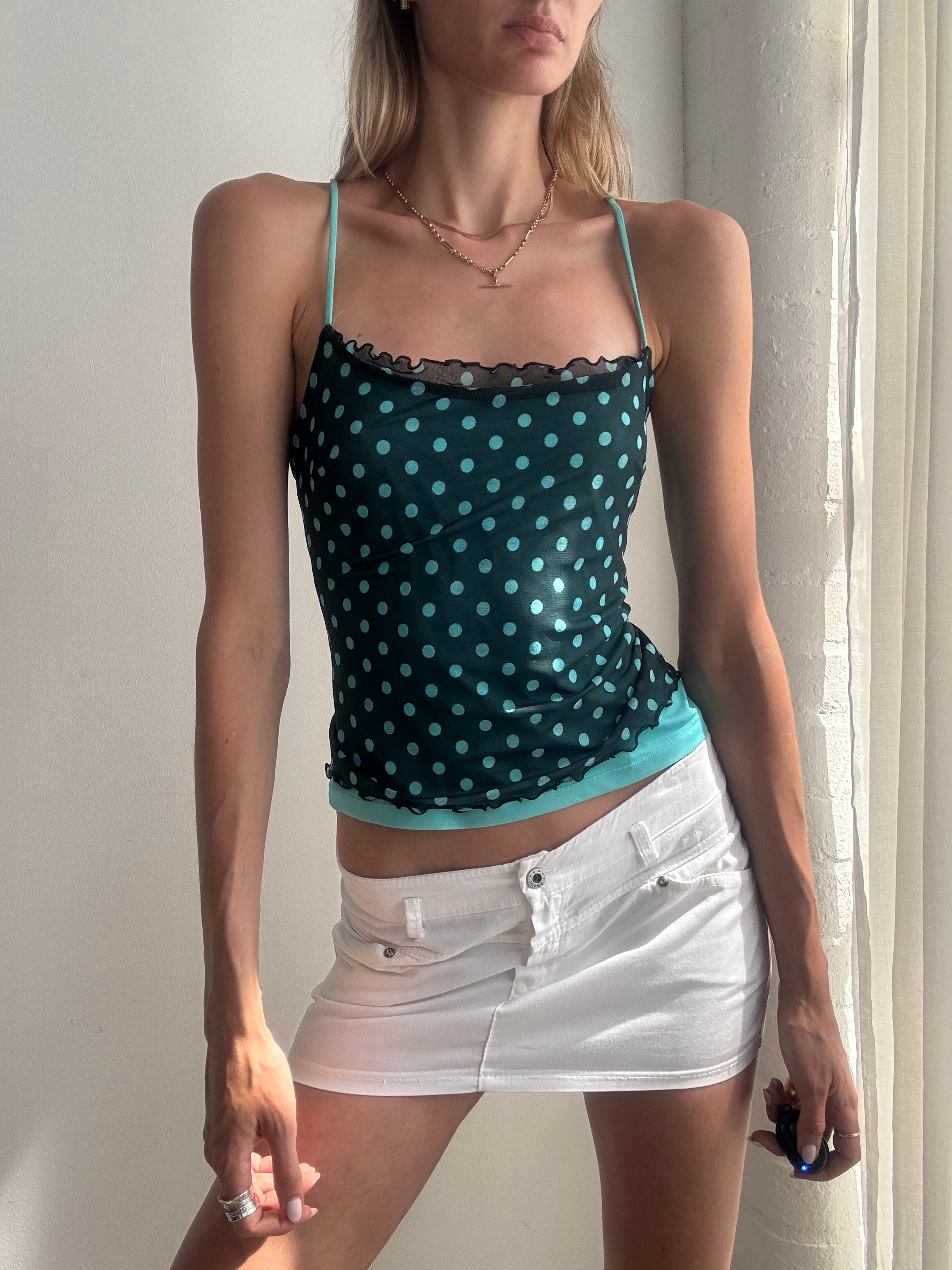 Vintage Y2K Teal Polka Dot Cami Top Mesh - Size S/M