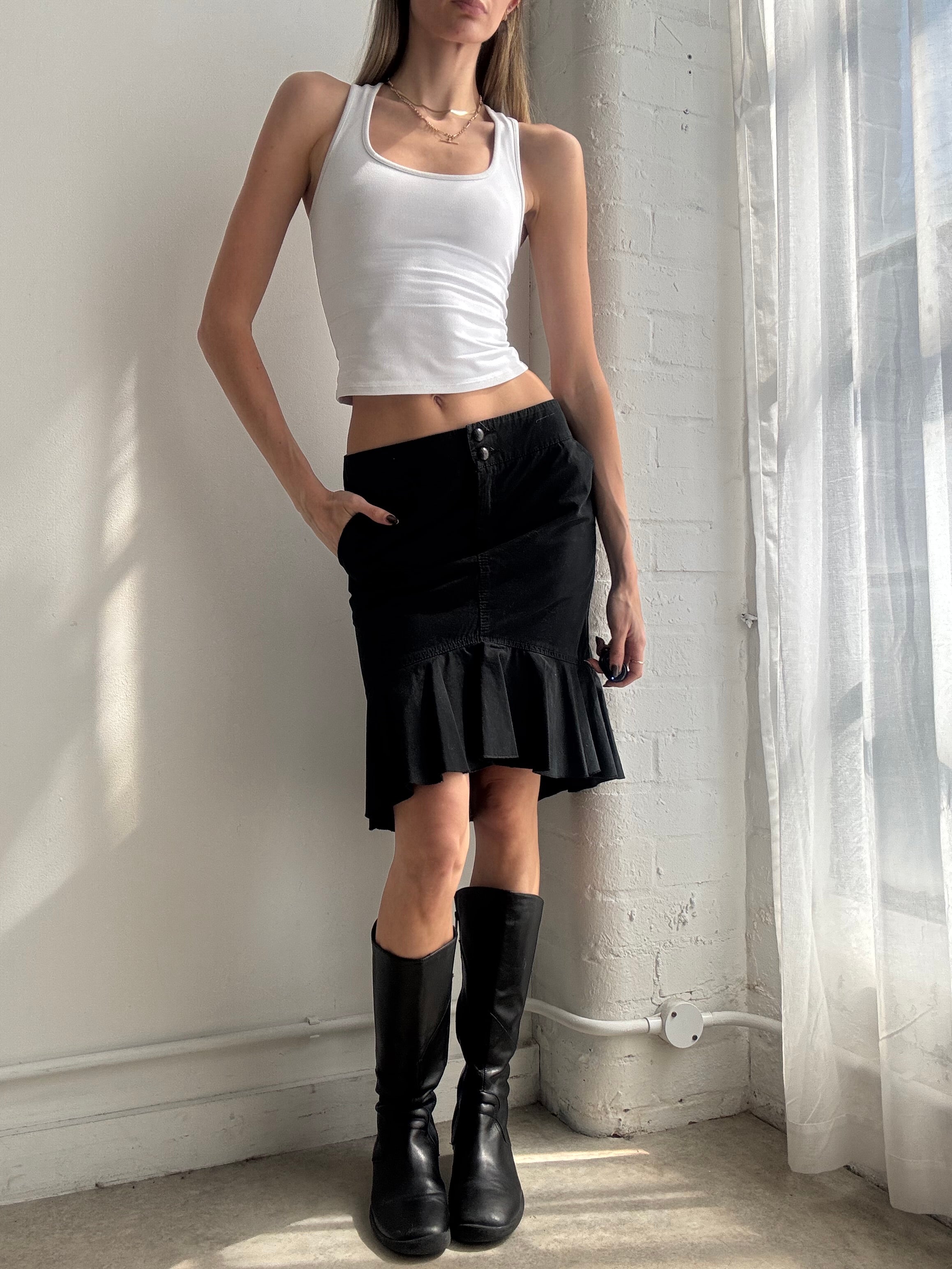 Vintage Y2K black ruffle hem midi skirt - Size S