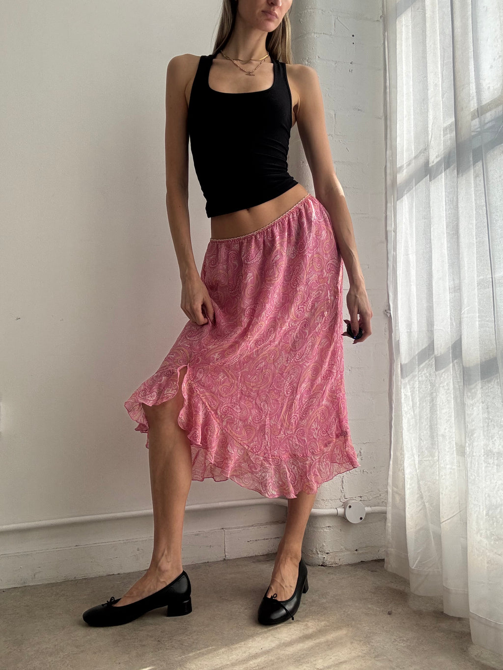 Vintage Y2K pink paisley print mesh midi skirt ruffle