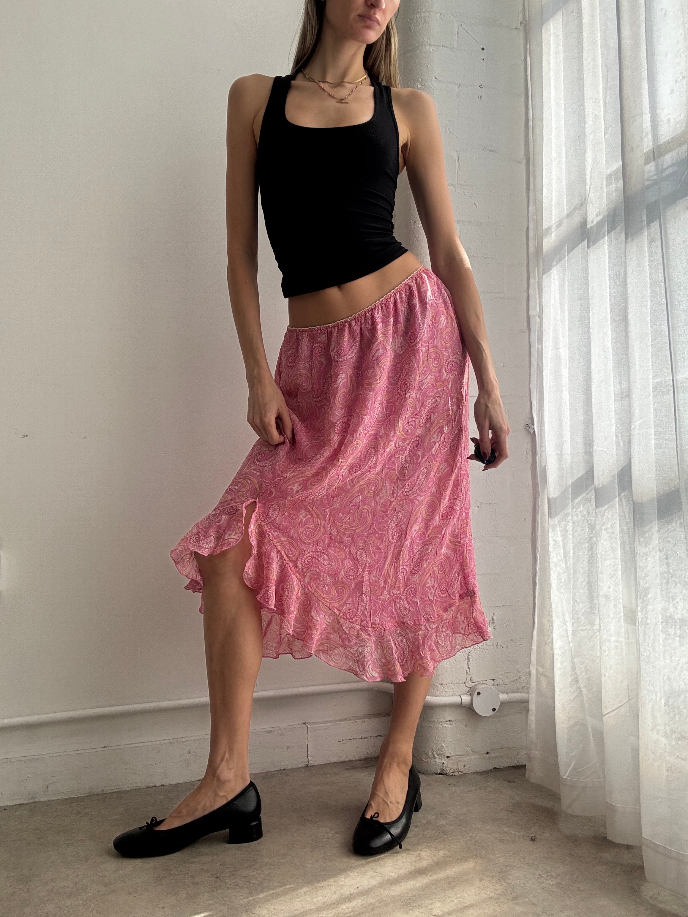 Vintage Y2K pink paisley print mesh midi skirt ruffle