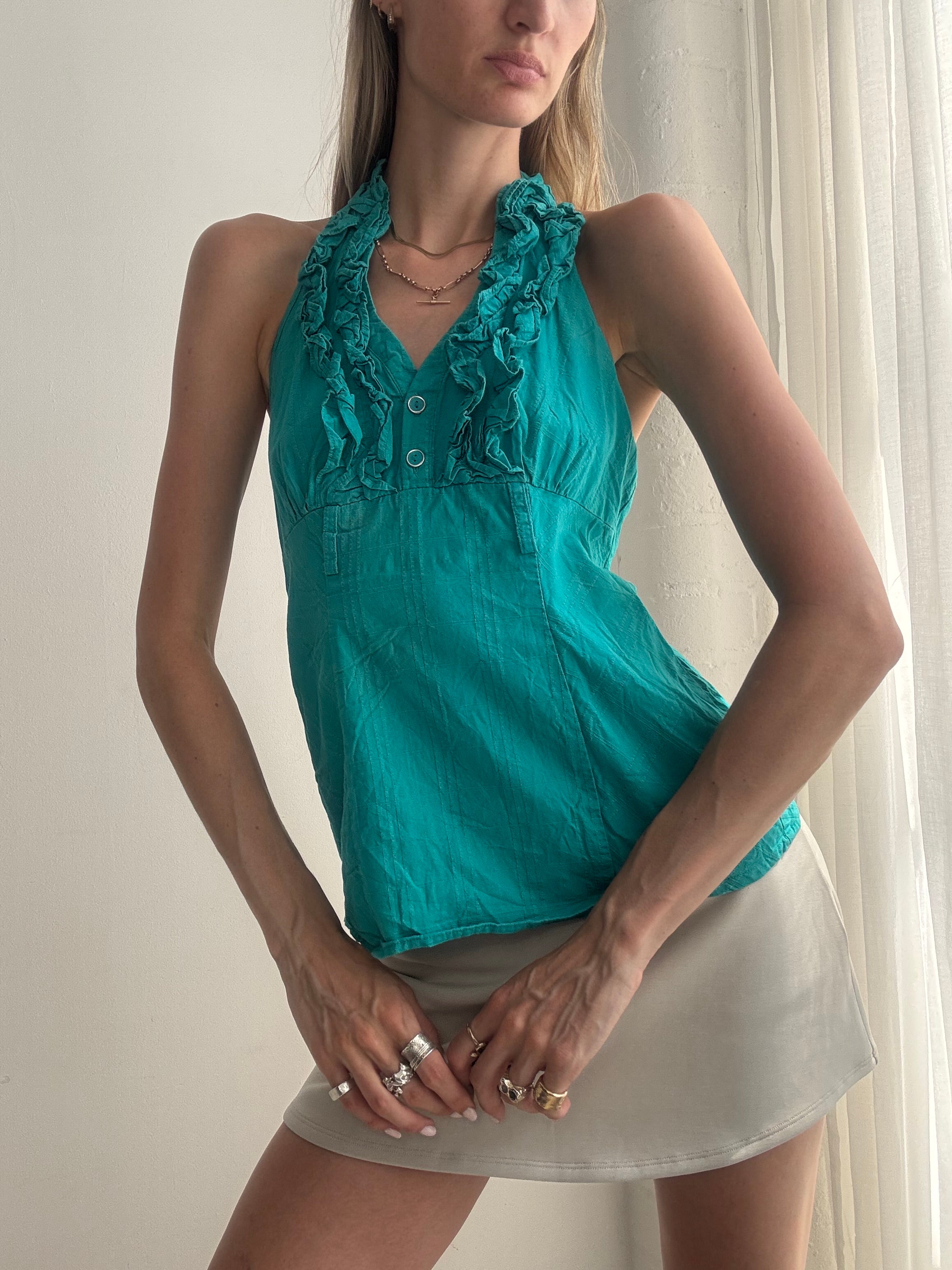 Vintage Y2K Turquoise Ruffle Halterneck Top - Size M