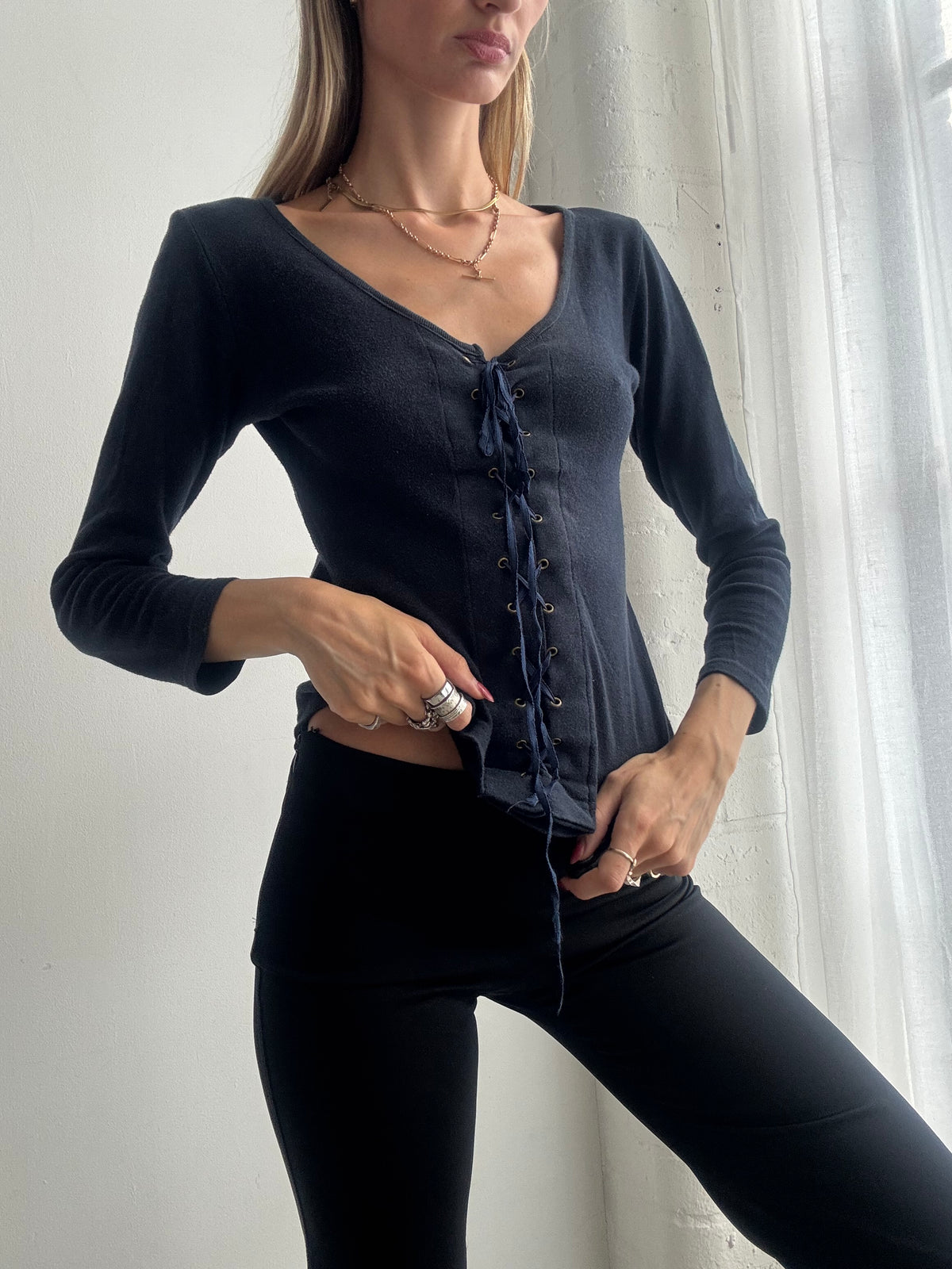 Vintage Y2K Navy Blue Lace Up Corset Style Top - Size M