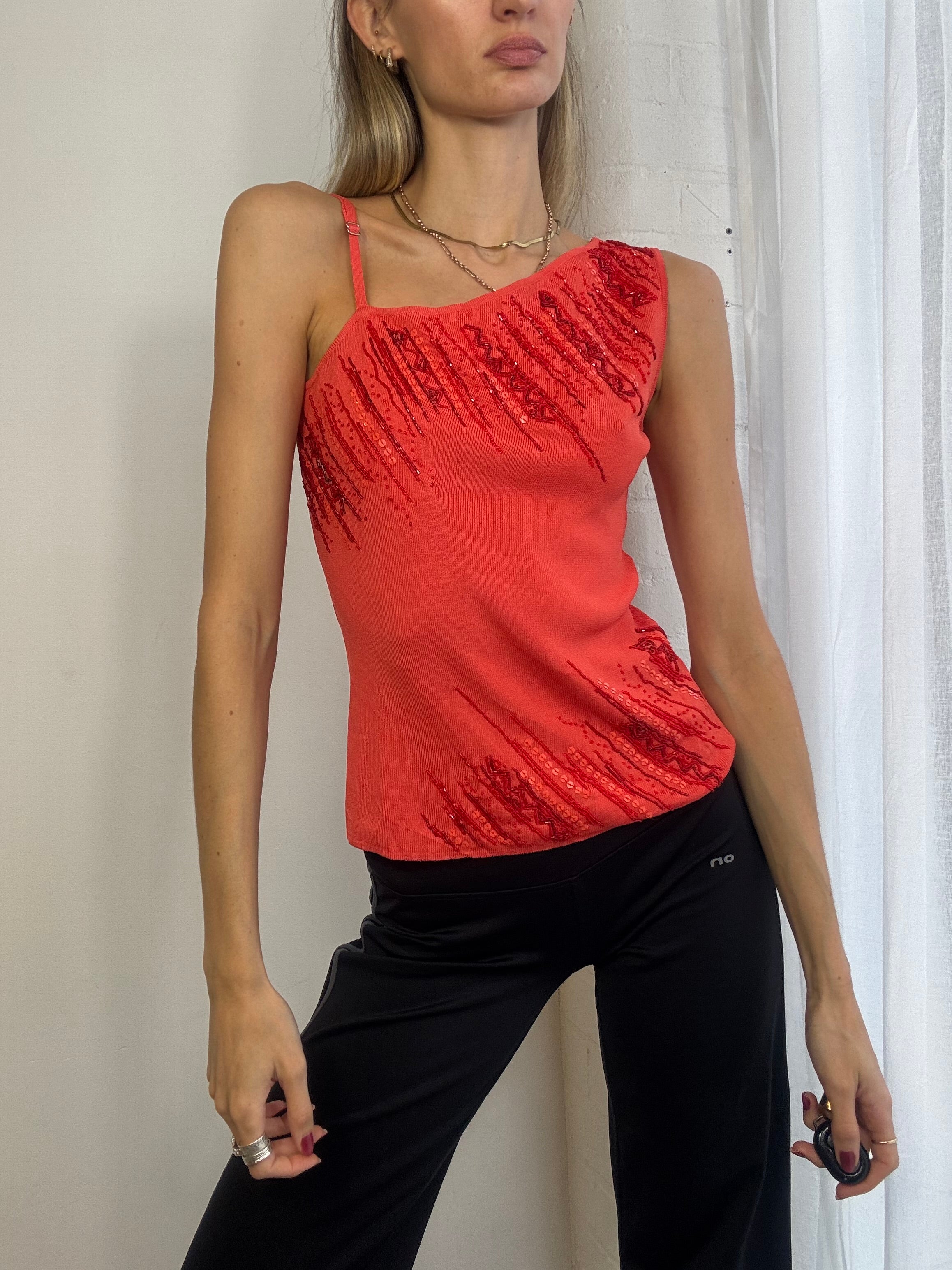 Vintage Y2K one shoulder ribbed top beaded