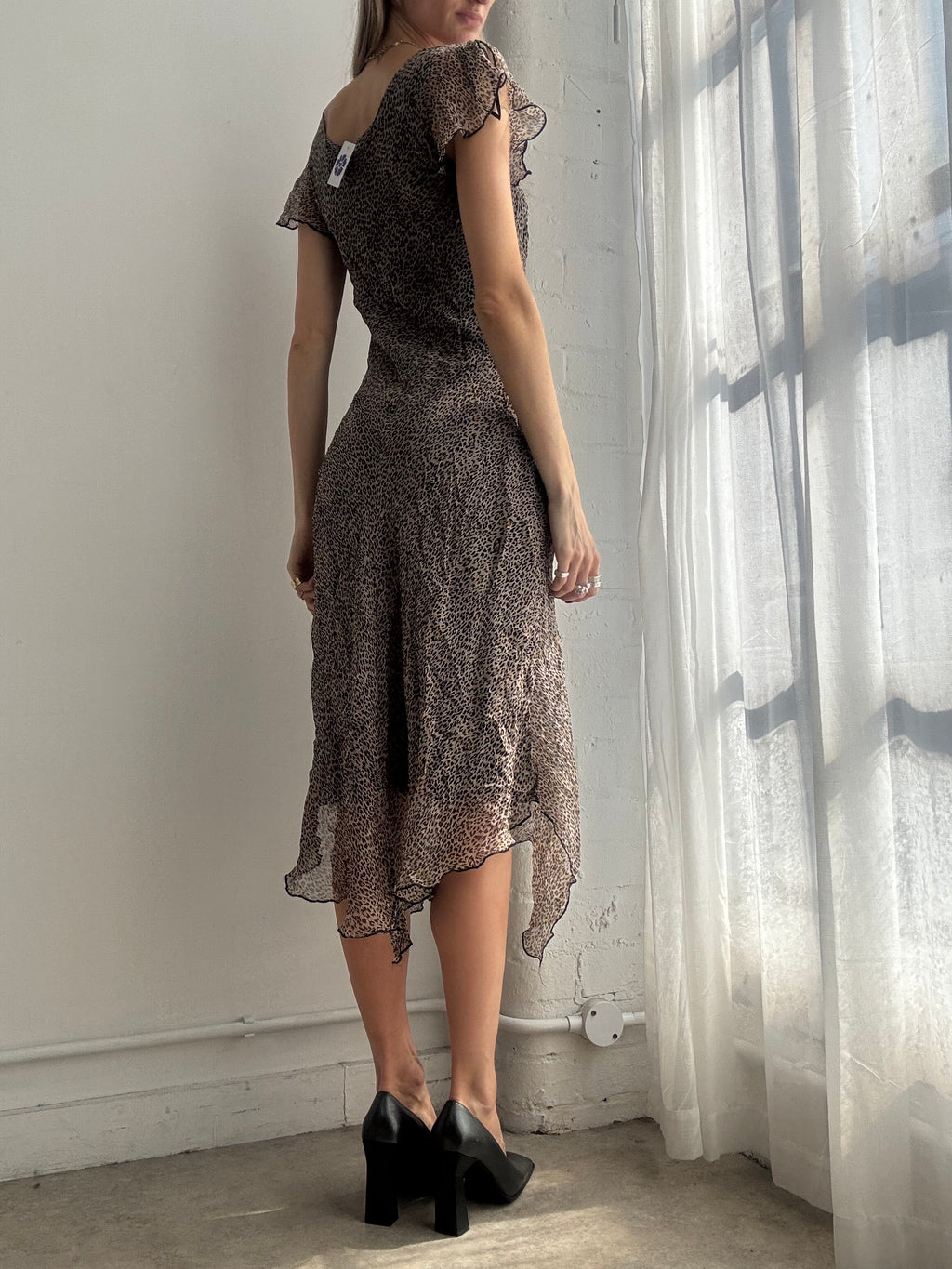 Vintage Y2K brown leopard print asymmetrical silk midi dress - Size M