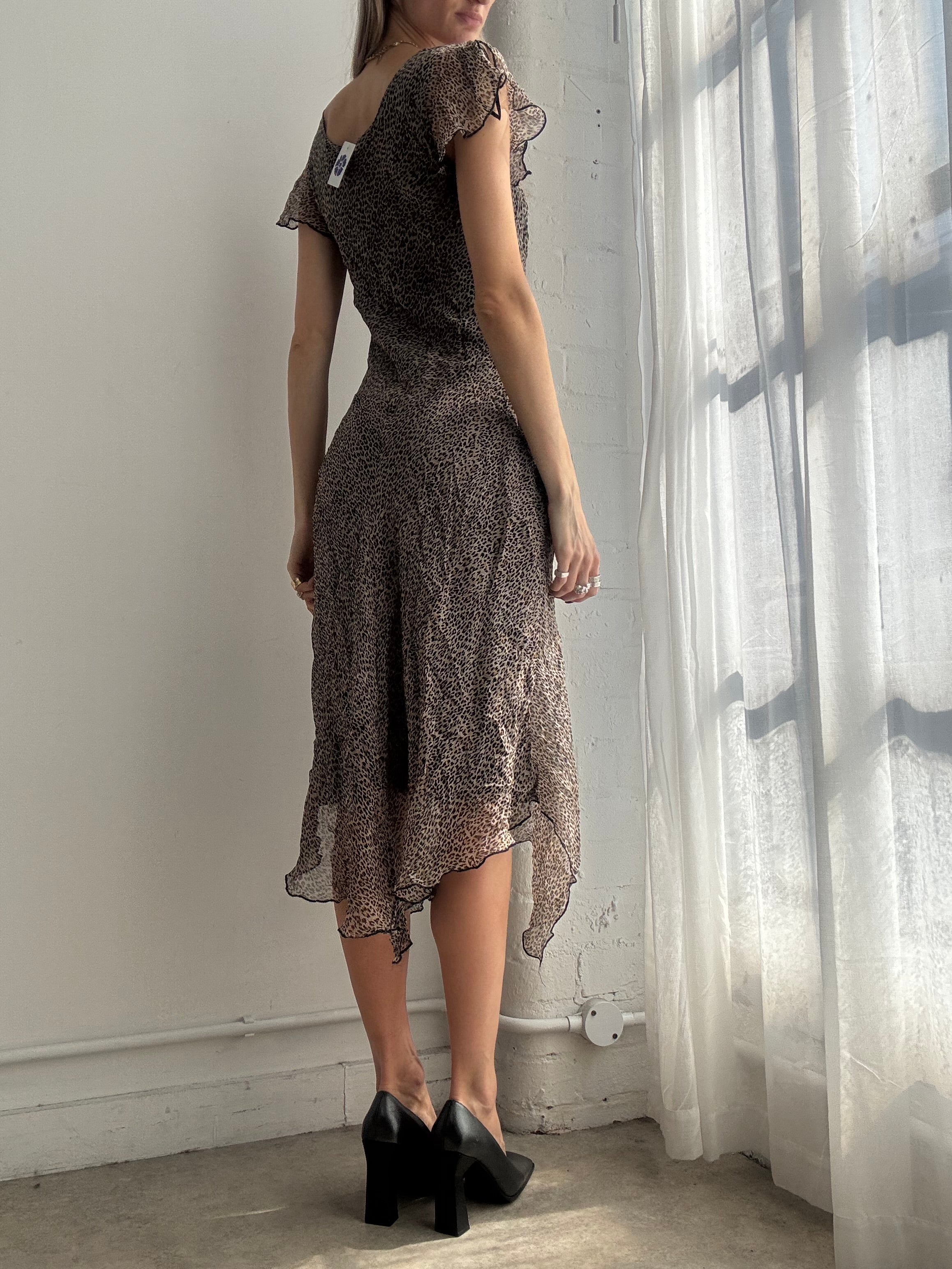 Vintage Y2K brown leopard print asymmetrical silk midi dress - Size M