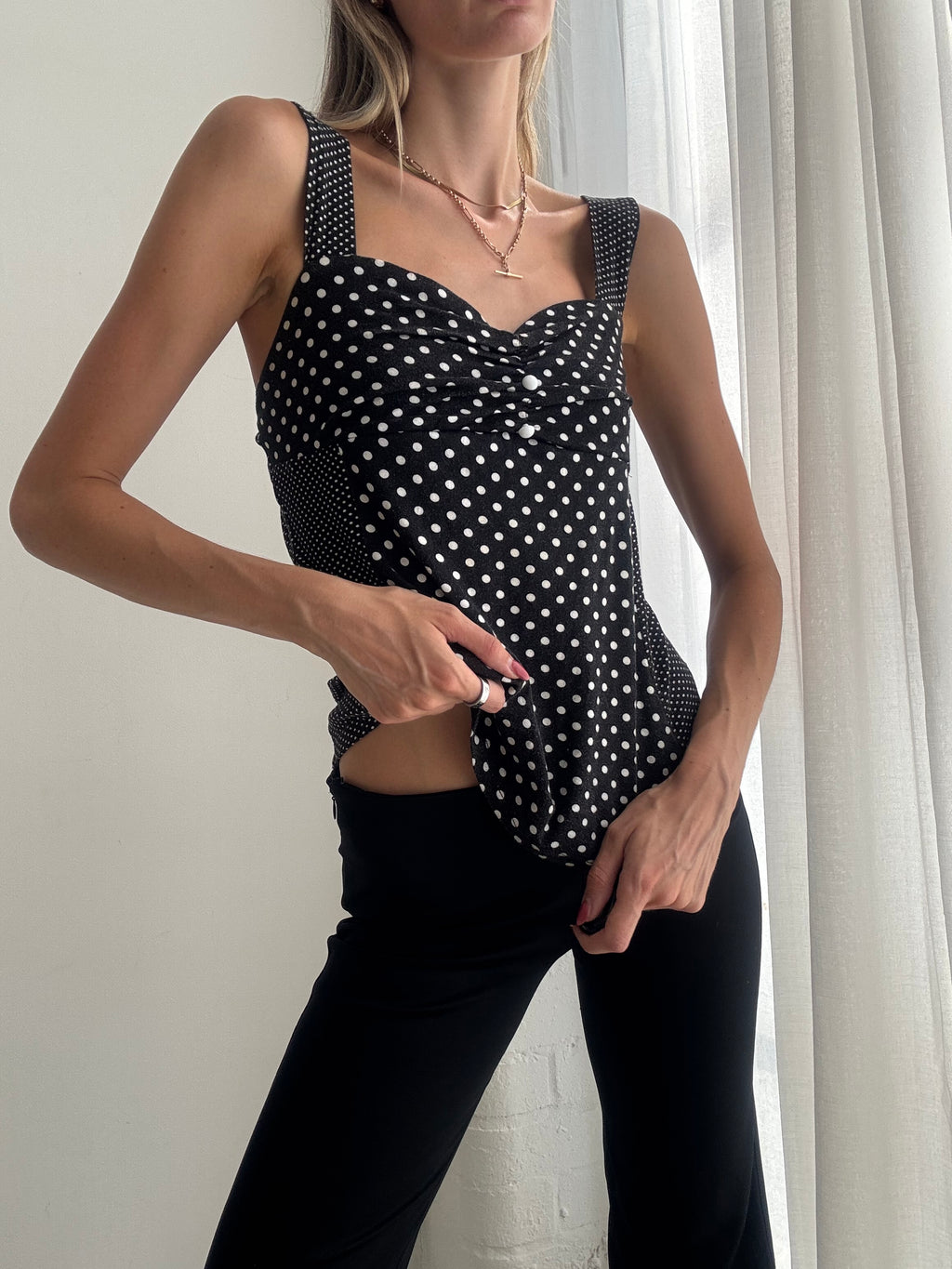 Vintage Y2K Black & White Polka Dot Cami Top - Size M