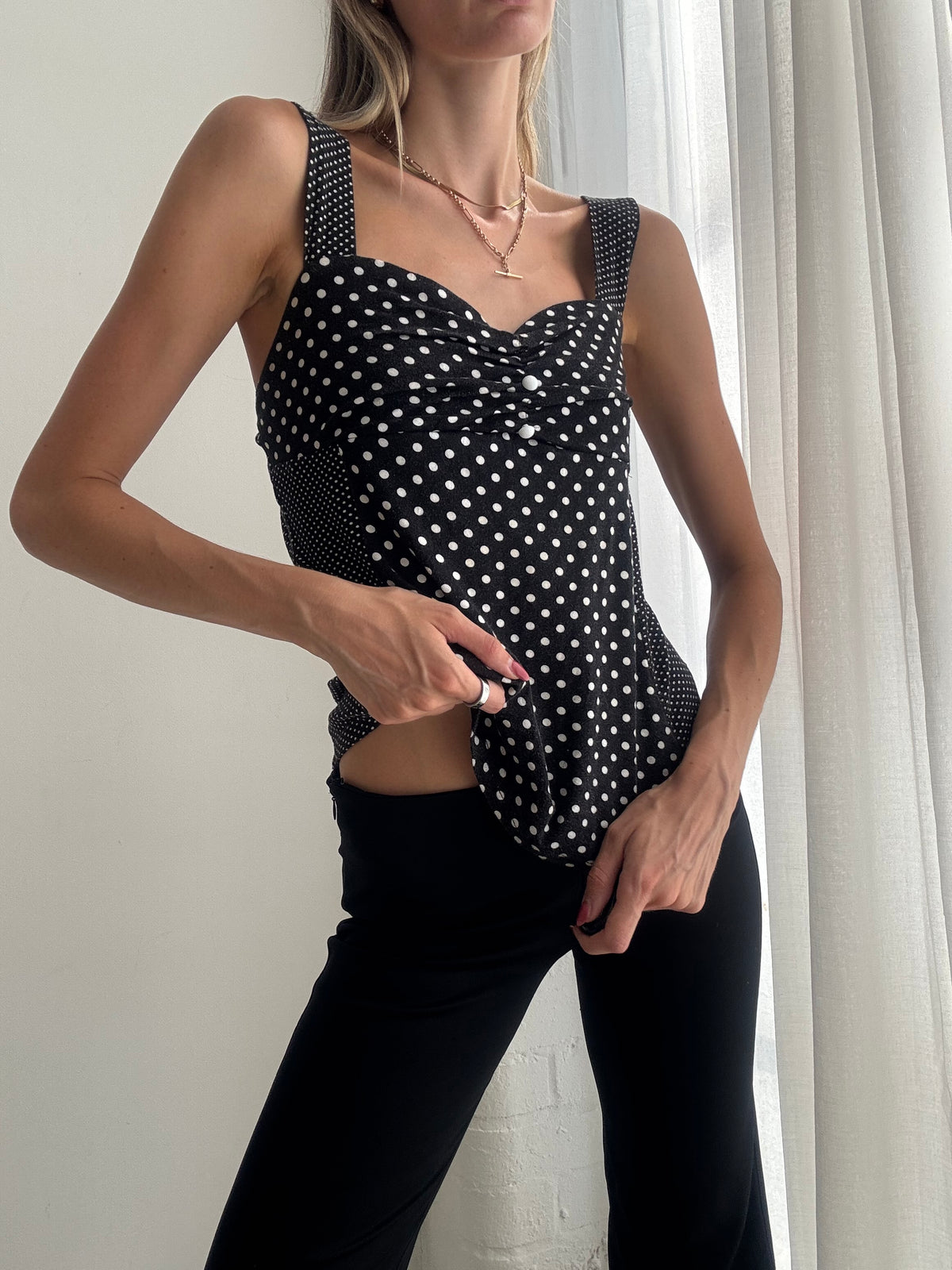 Vintage Y2K Black & White Polka Dot Cami Top - Size M