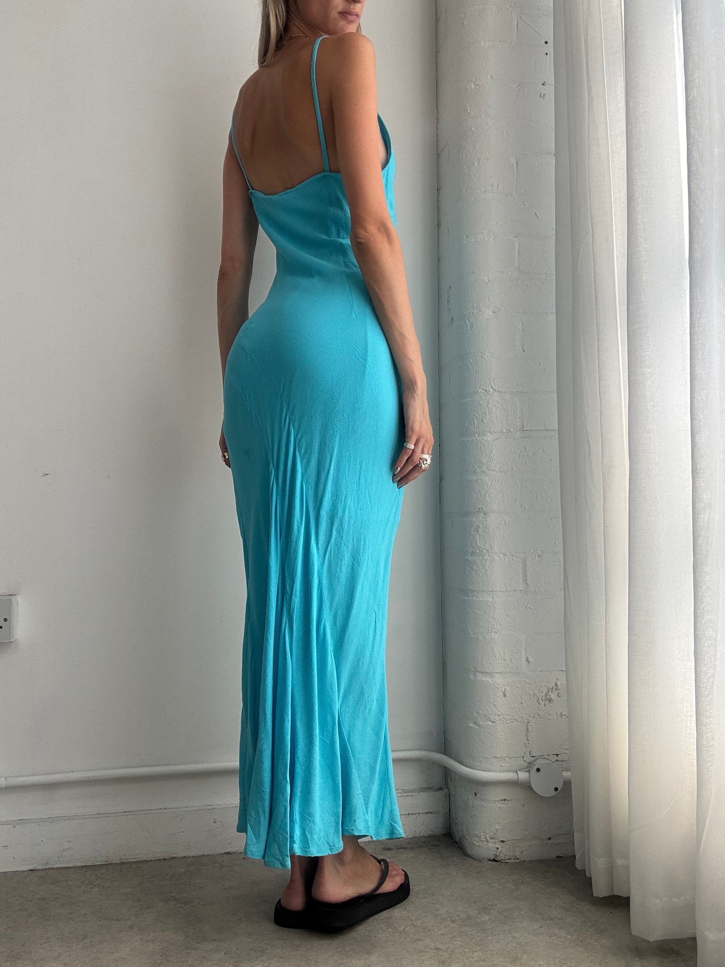 Vintage Y2K Turquoise Cowl Neck Maxi Dress – Bias Cut Slip Evening Dress - Size S