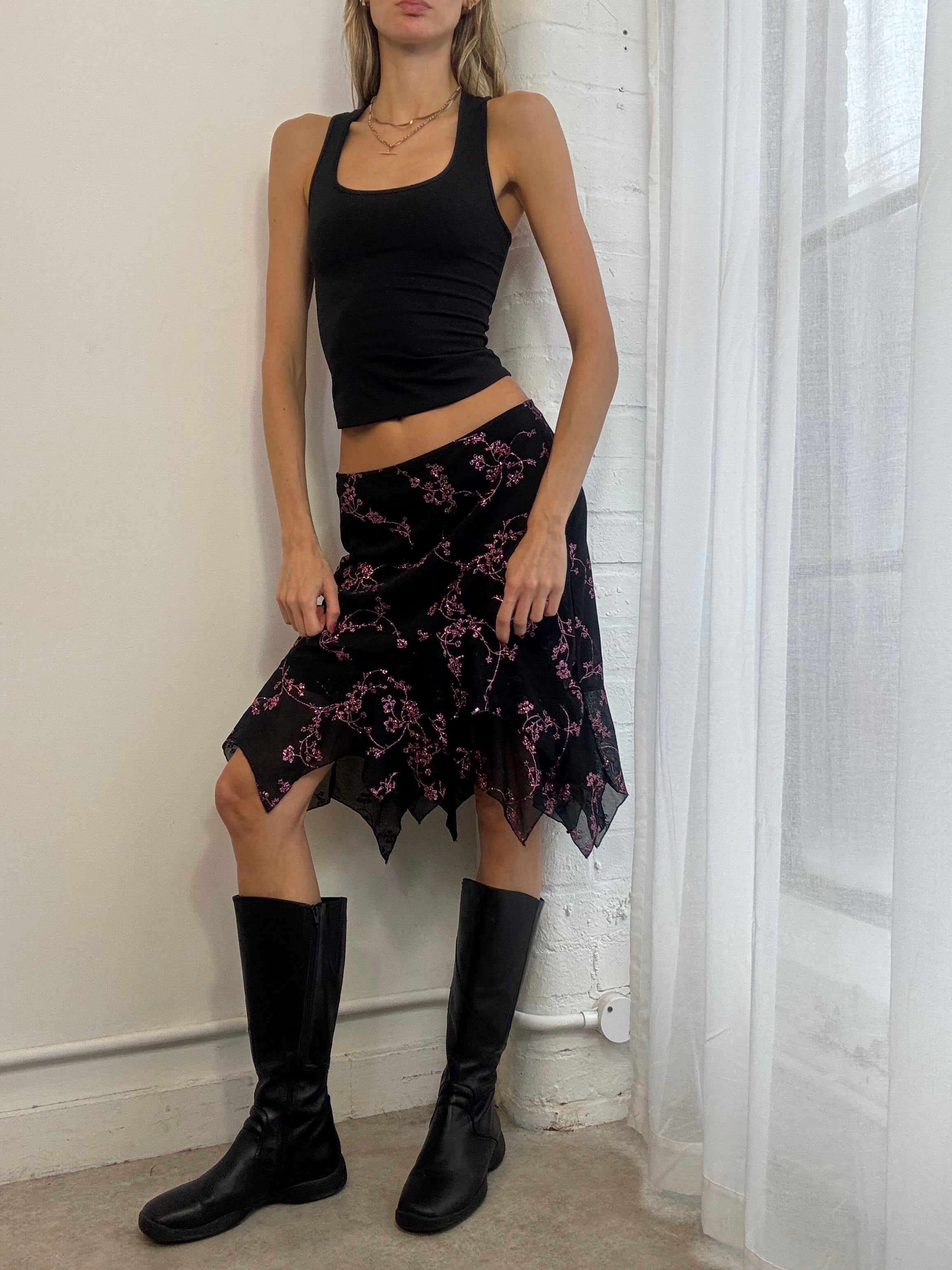 Vintage Y2K black & pink sparkly floral mesh midi skirt asymmetric