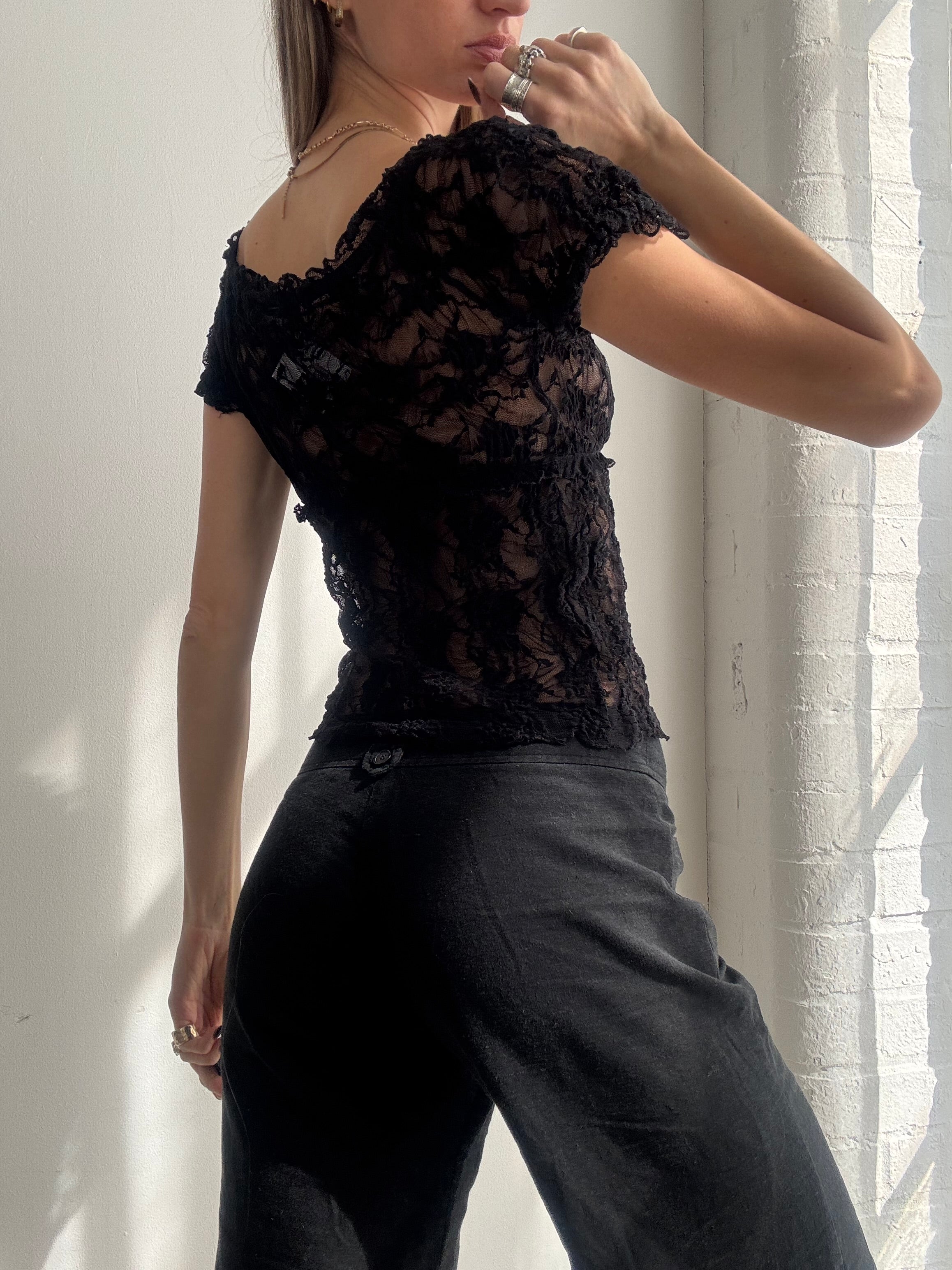 Vintage Y2K black lace sheer top - Size S