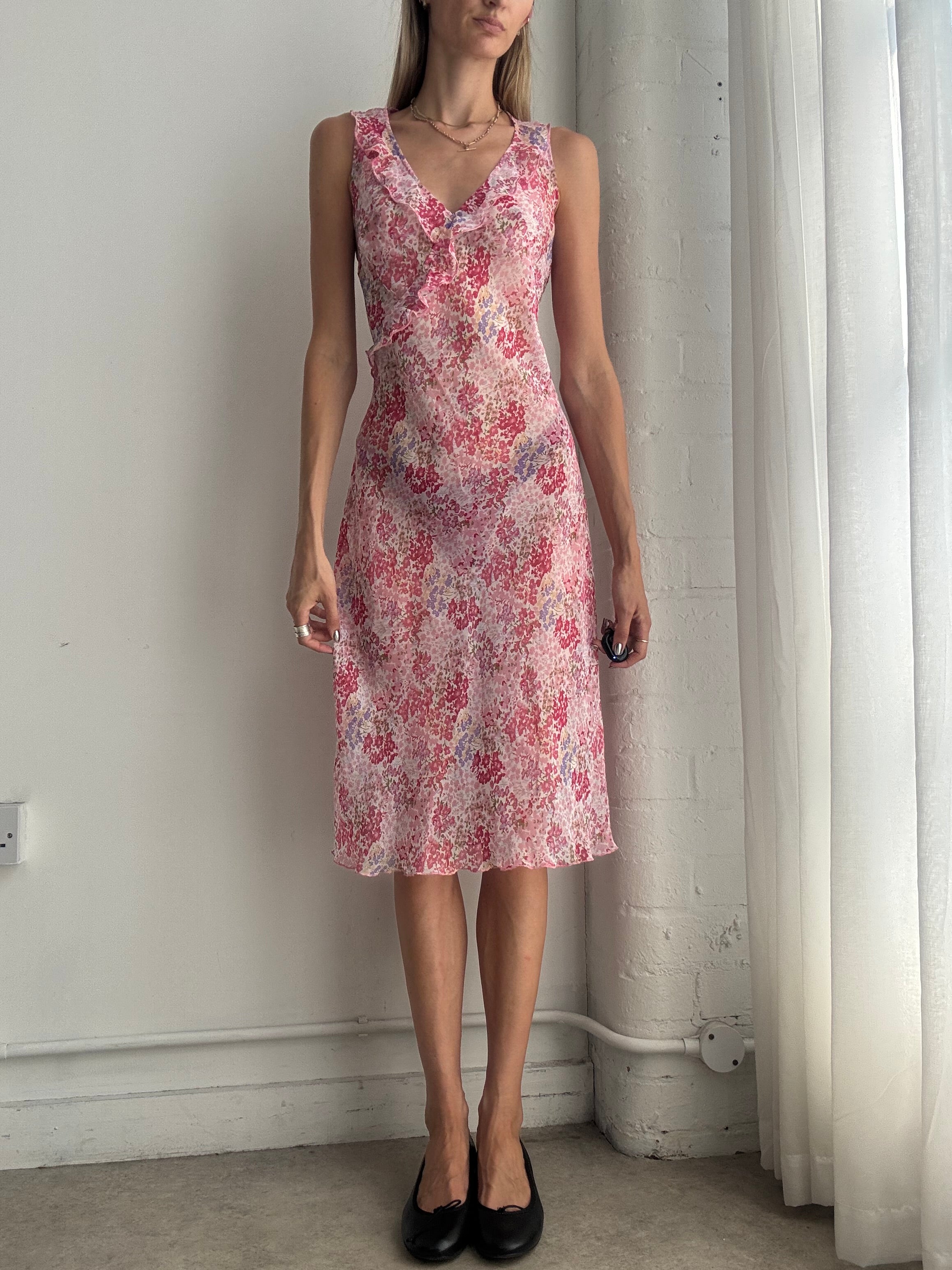 Vintage Y2K Pink Floral Bias Cut Mesh Midi Dress – Size M