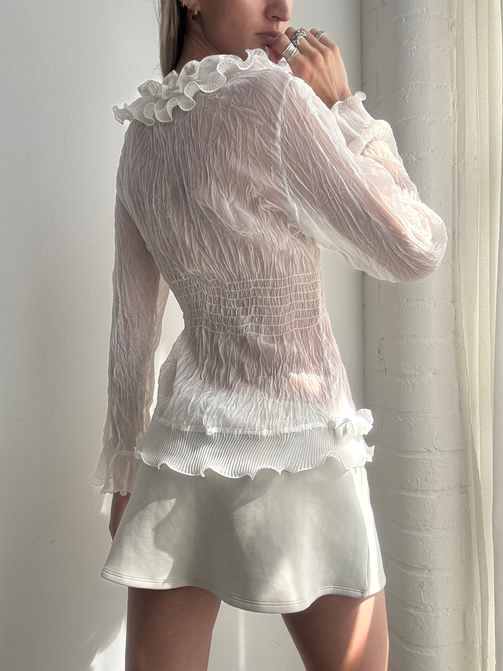 Vintage Y2k Sheer Silk Ruffle Blouse - Size L