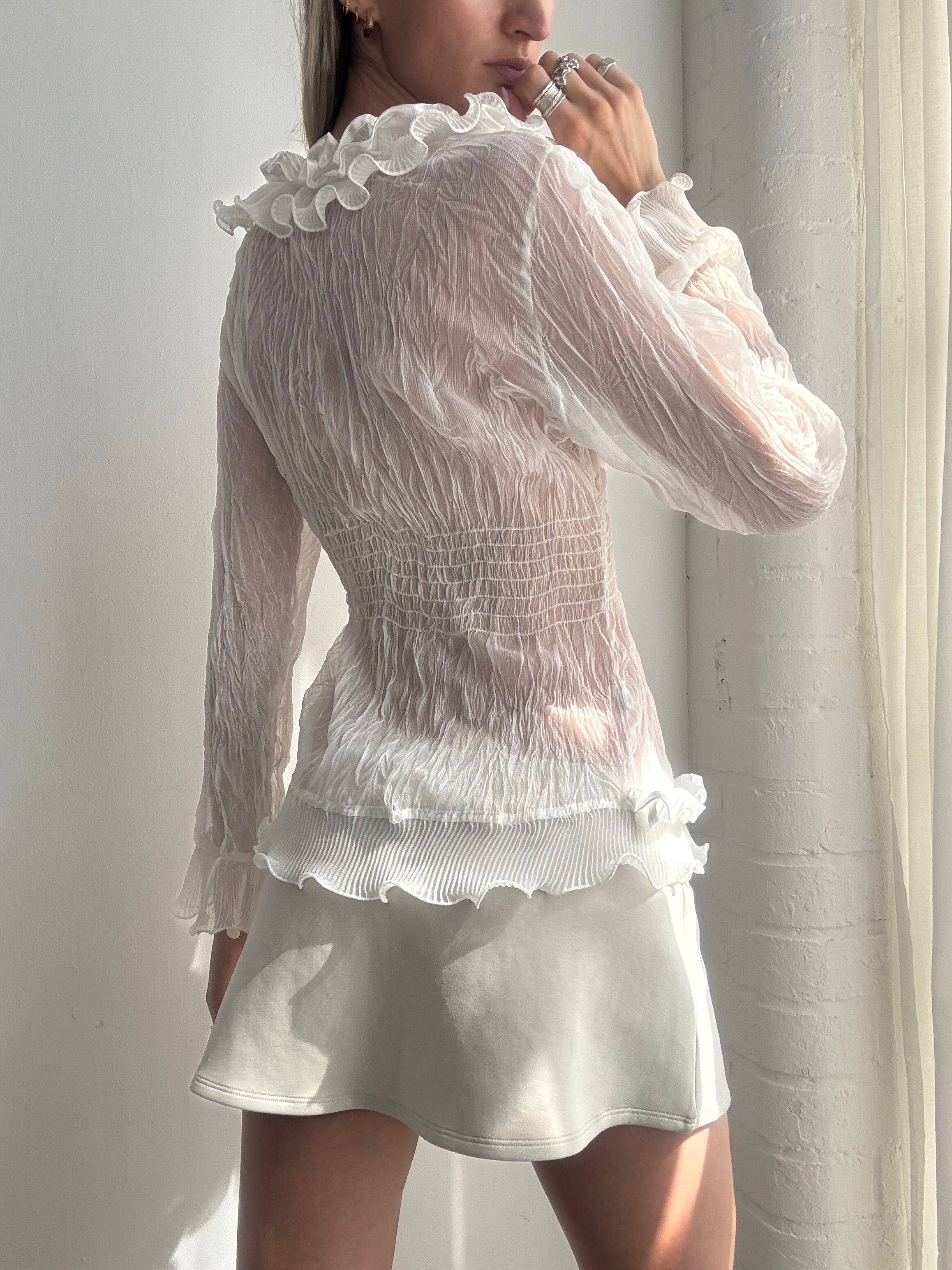 Vintage Y2k Sheer Silk Ruffle Blouse - Size L
