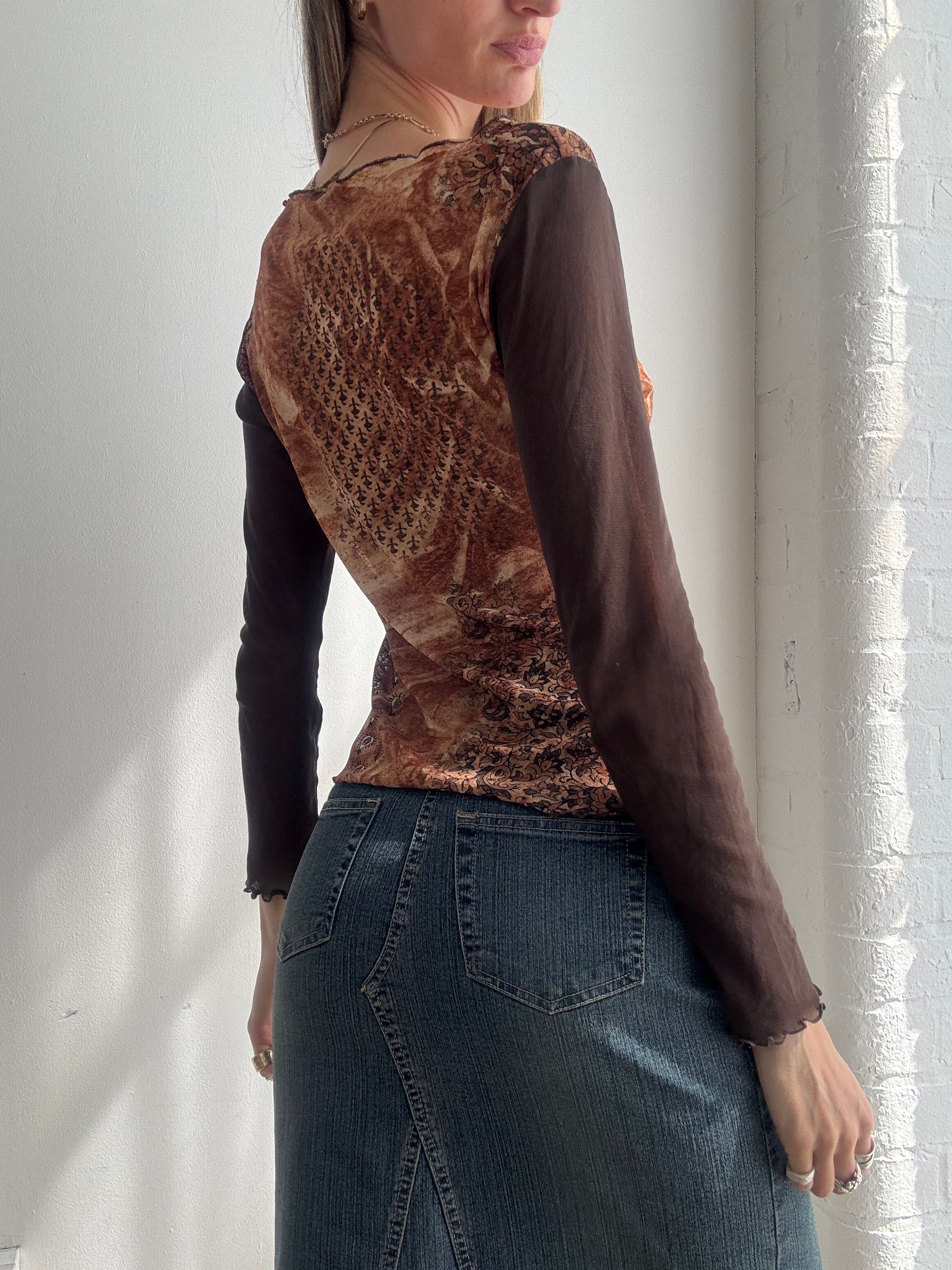Vintage Y2K brown mesh paisley long sleeve top - Size S