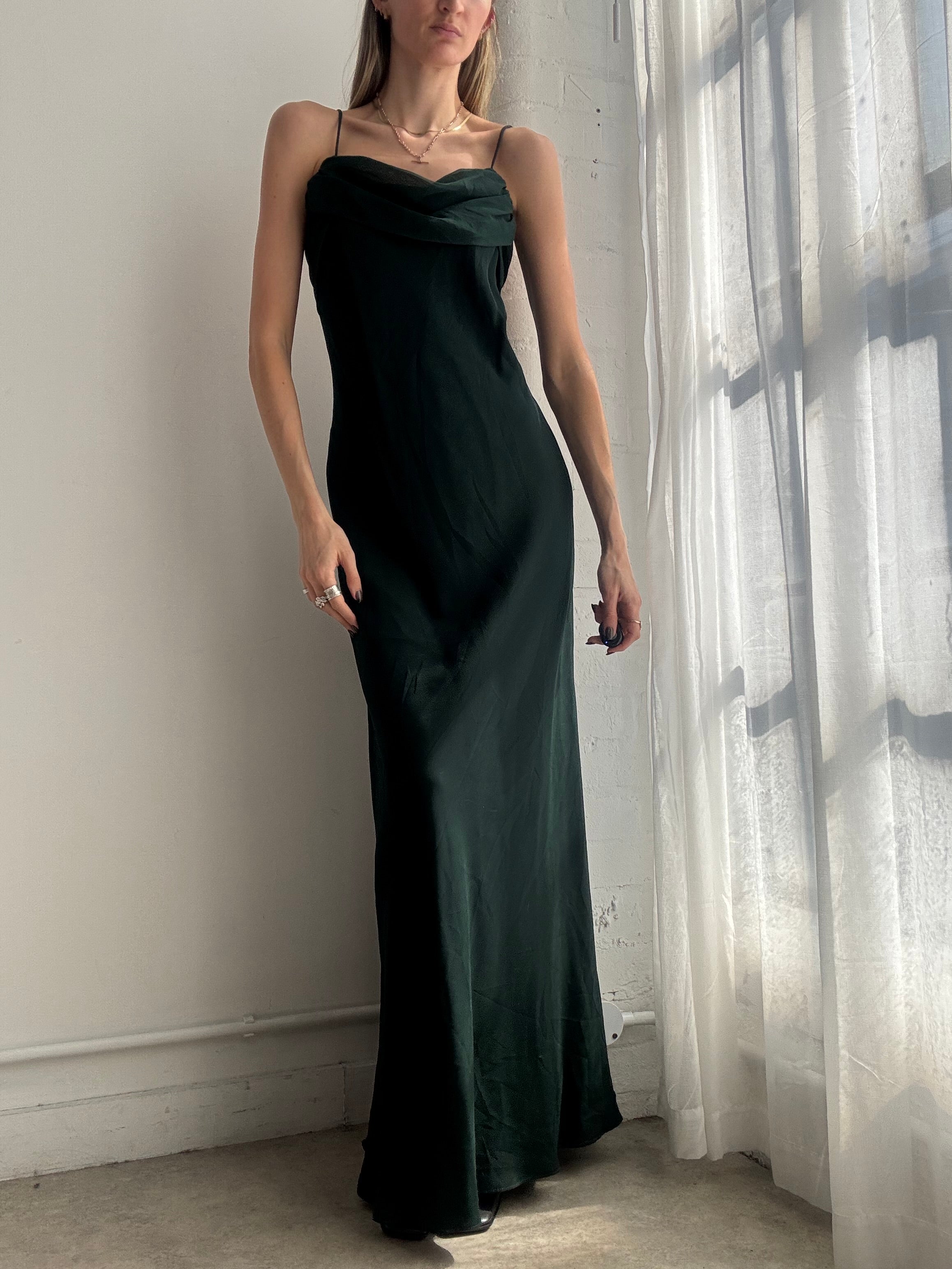 Vintage Y2K dark green draped mesh maxi dress - Size L