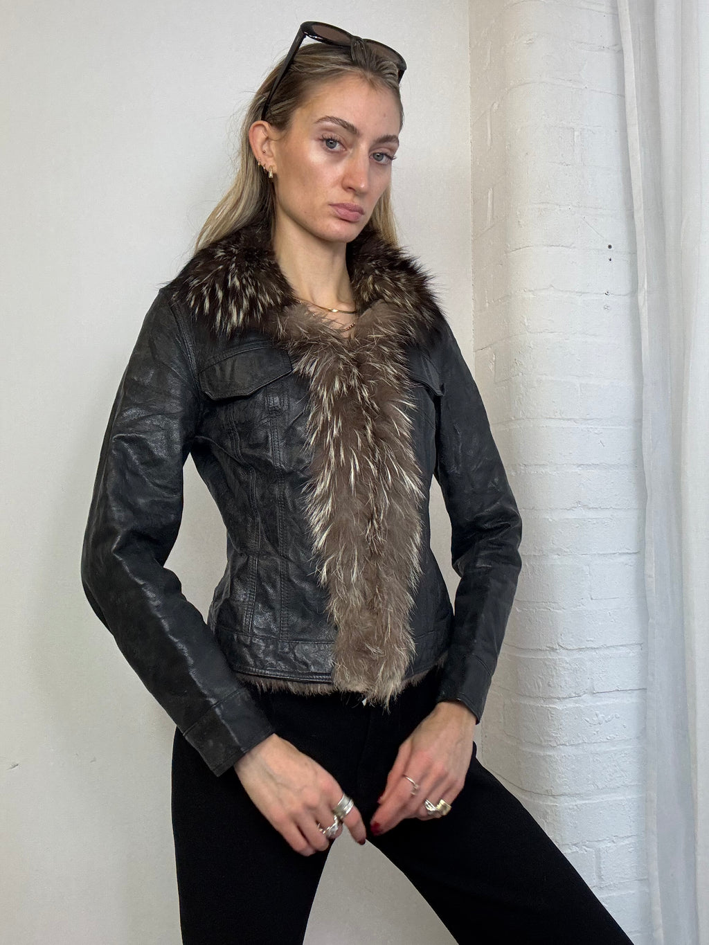 Vintage Y2K fur trim leather jacket
